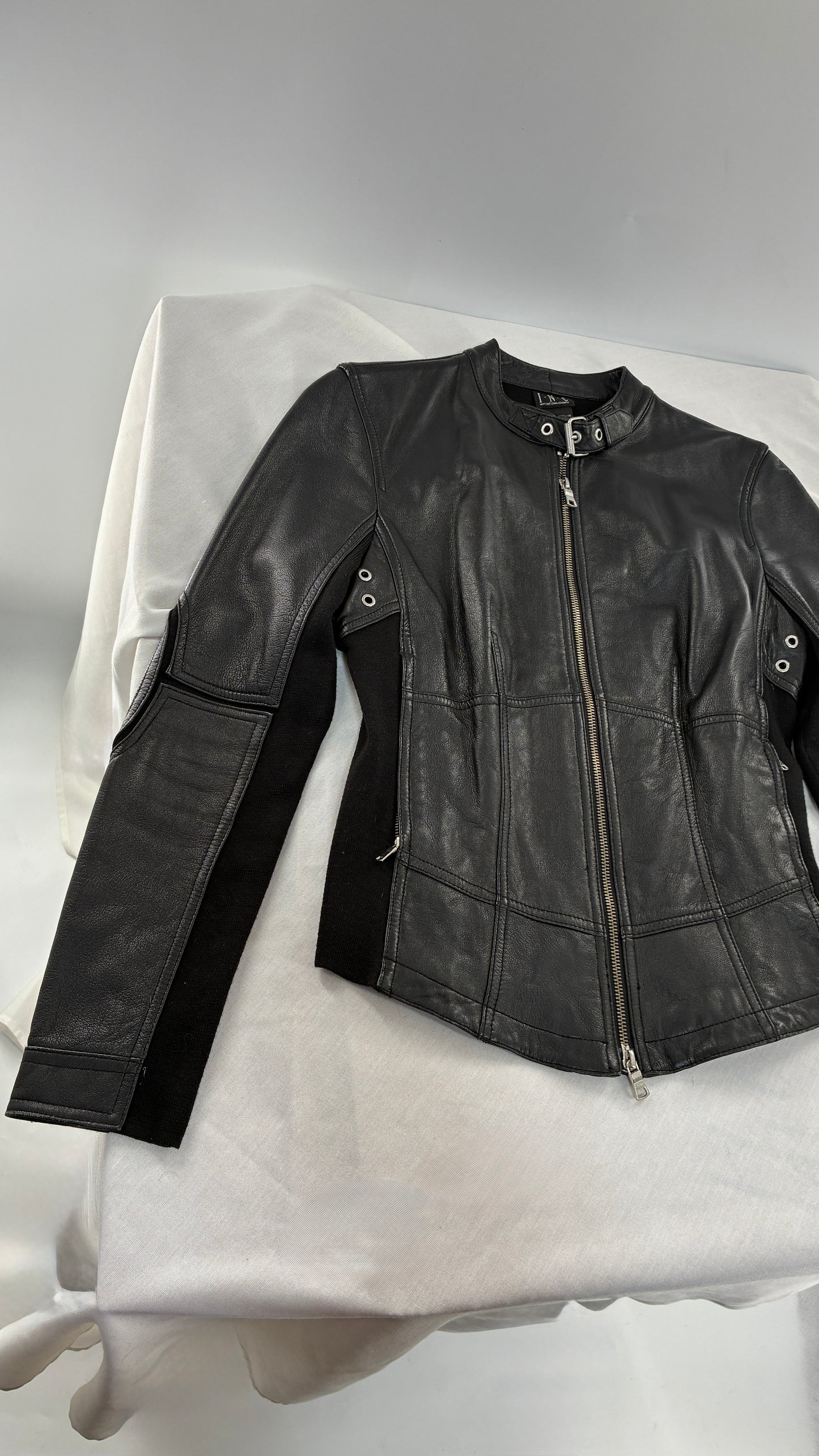 Vintage INC Black Genuine Leather and Wool Blend Paneled Patch Motorcycle Jacket (Medium)