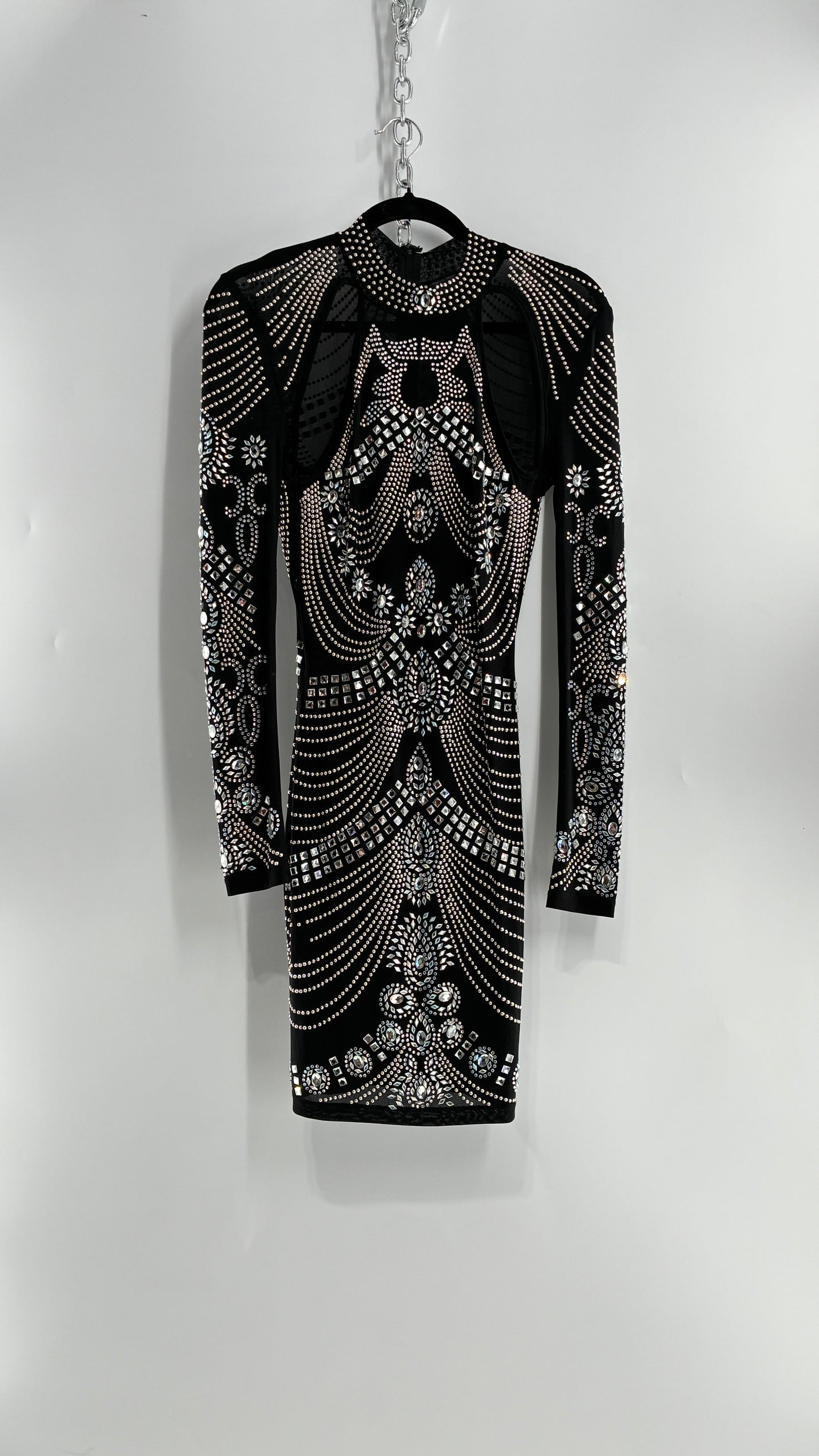 Black Bedazzled Mini Dress with Cut Out Details Covered in Gems (Small)