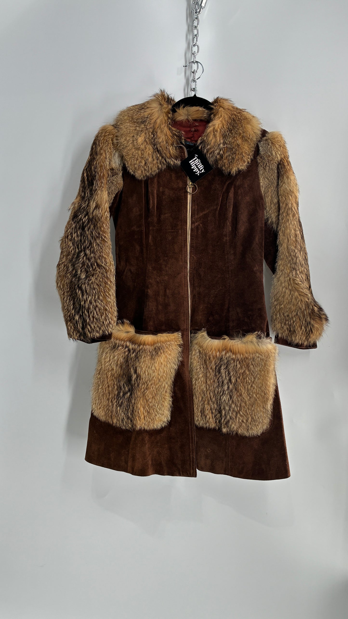 Vintage Cederland 1970s Genuine Suede Leather Coat with Fur Pockets, Sleeves, and Collar (44)