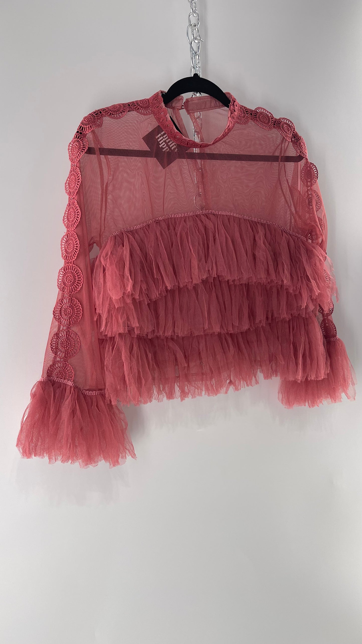 Ups & Downs Pink Mesh Blouse with Ruffled Body/Cuffs and Lace Ribbon Detailing (Medium)