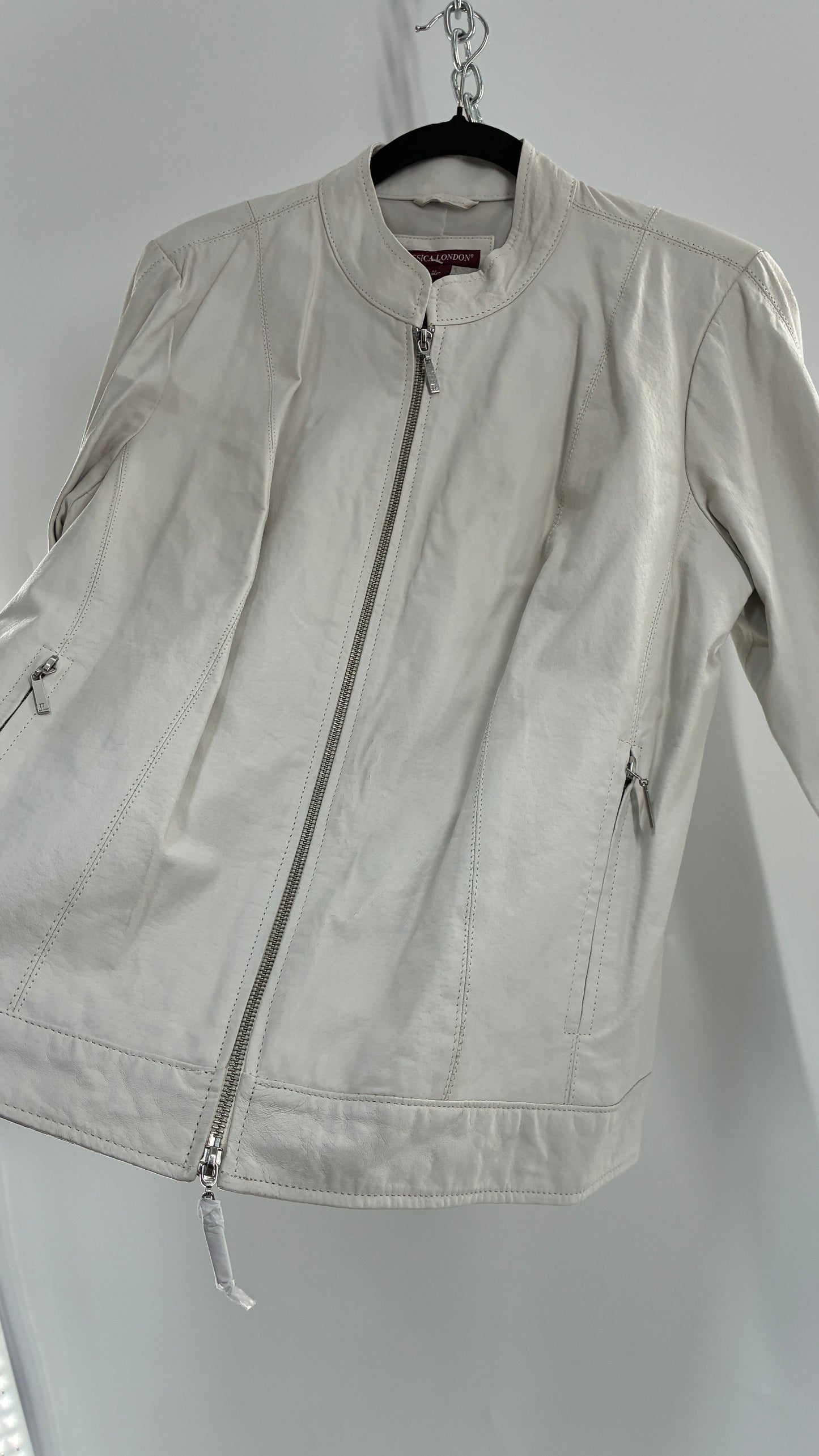 Deadstock Vintage JESSICA LONDON White Genuine Leather Paneled Motorcycle Jacket (16)