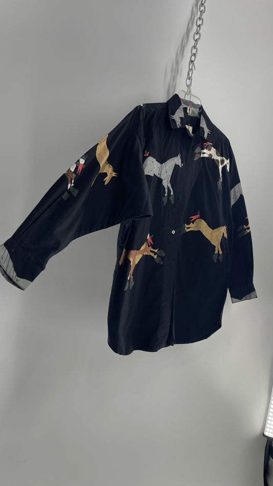 WHERE ITAT Black Button Up with Hand Painted Horses 100% Pima Cotton with Tags Attached (Small)