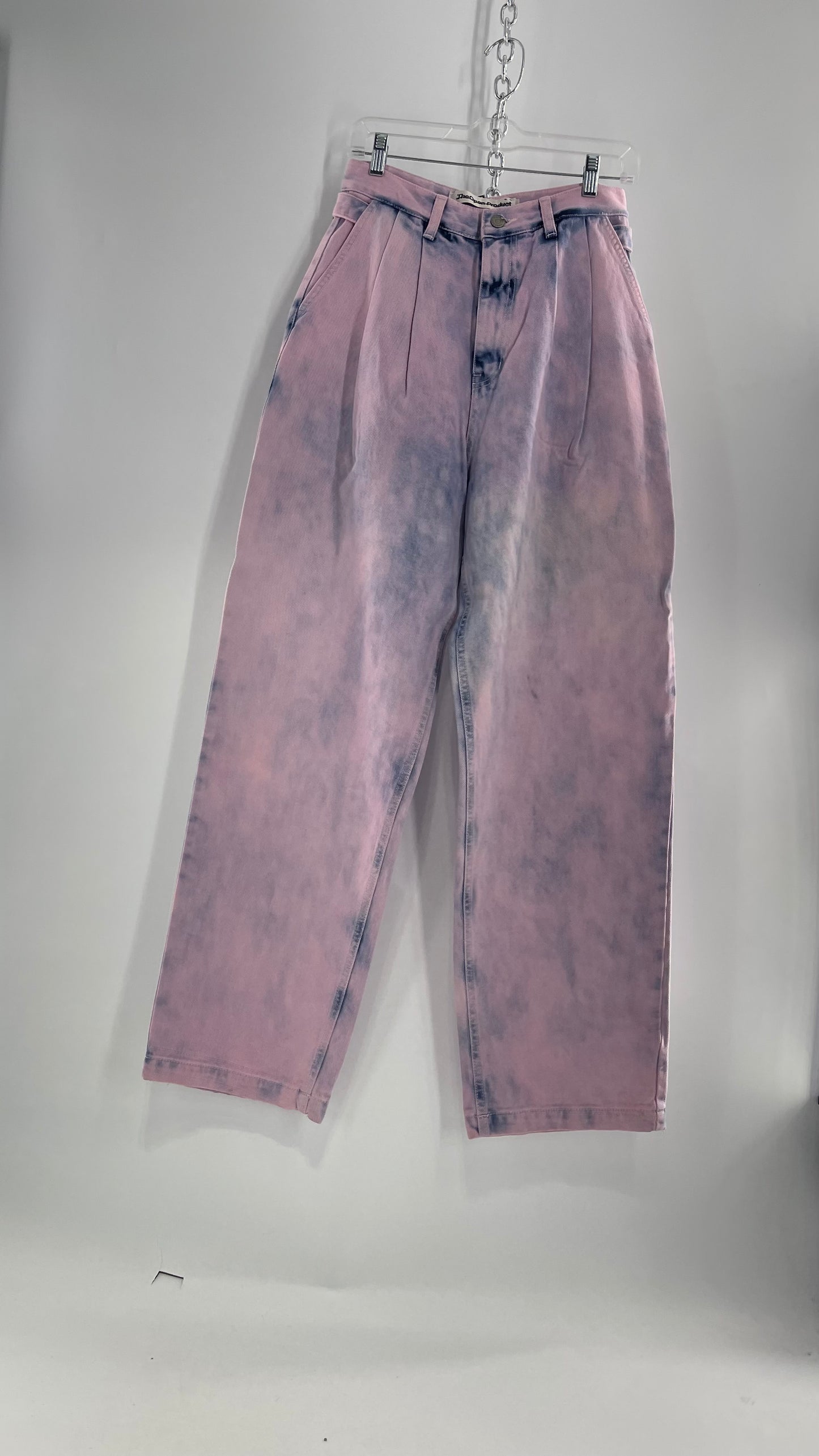 The Open Product Pink/Blue Acid Wash Jeans with Waist Pulls and Pleats  (1)