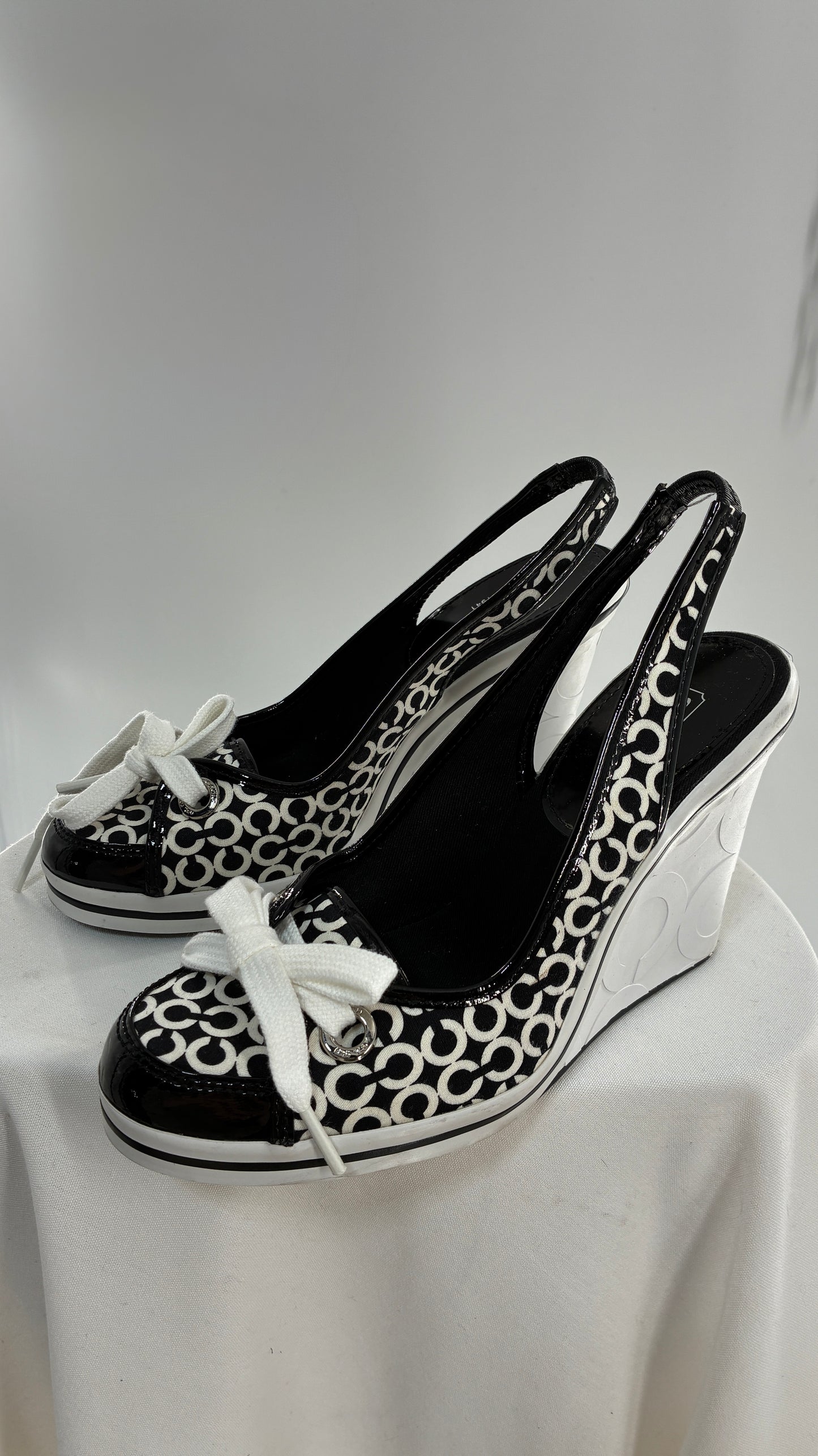 Vintage COACH Emilanna Black and White Monogram Wedge Sneaker Heel (7B)