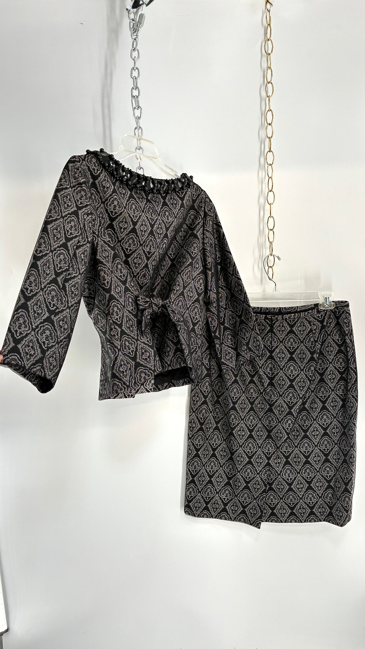 Vintage ADRIANNA PAPPELL Set with Brocade Underlay, Black Mesh Overlay, Waist Snatch, and Mini Skirt (10,8)