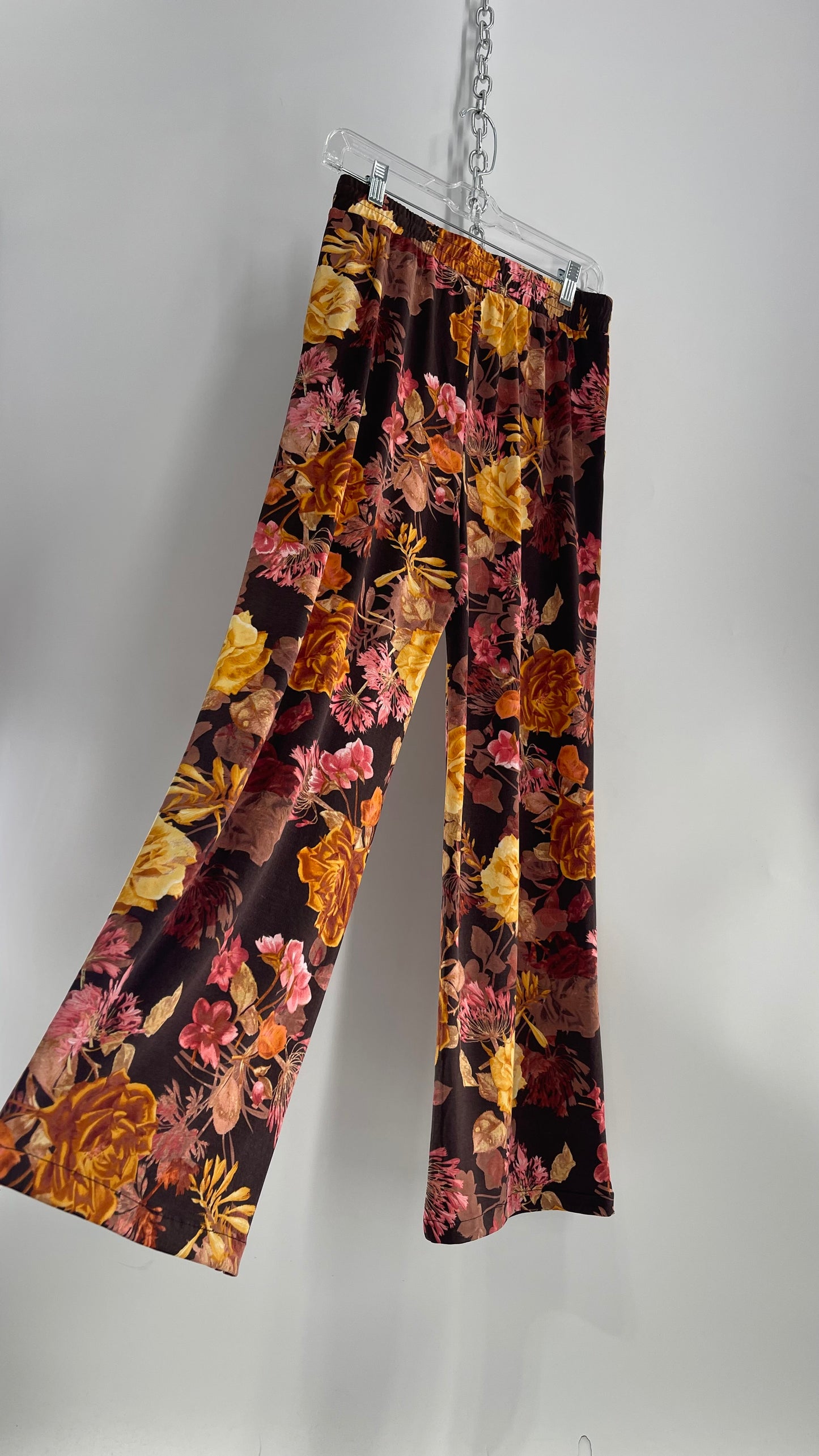 Lemon Way Brown Autumn Foliage Graphic Stretchy Wide Legs (Small)