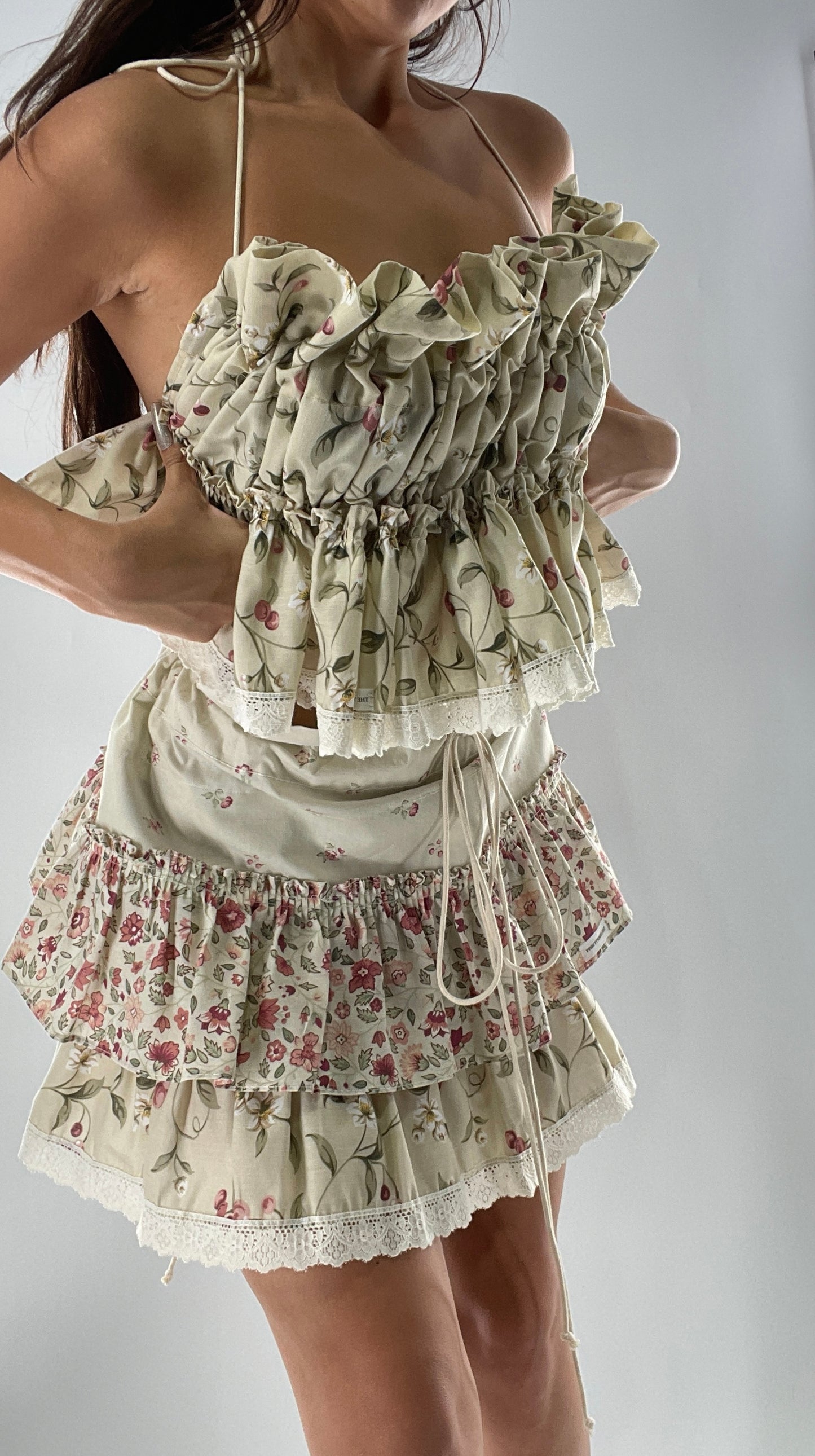 Vintage Cherry Cottage Set with Tiered Ruffled Skirt and Ruched, Backless Top (One Size)