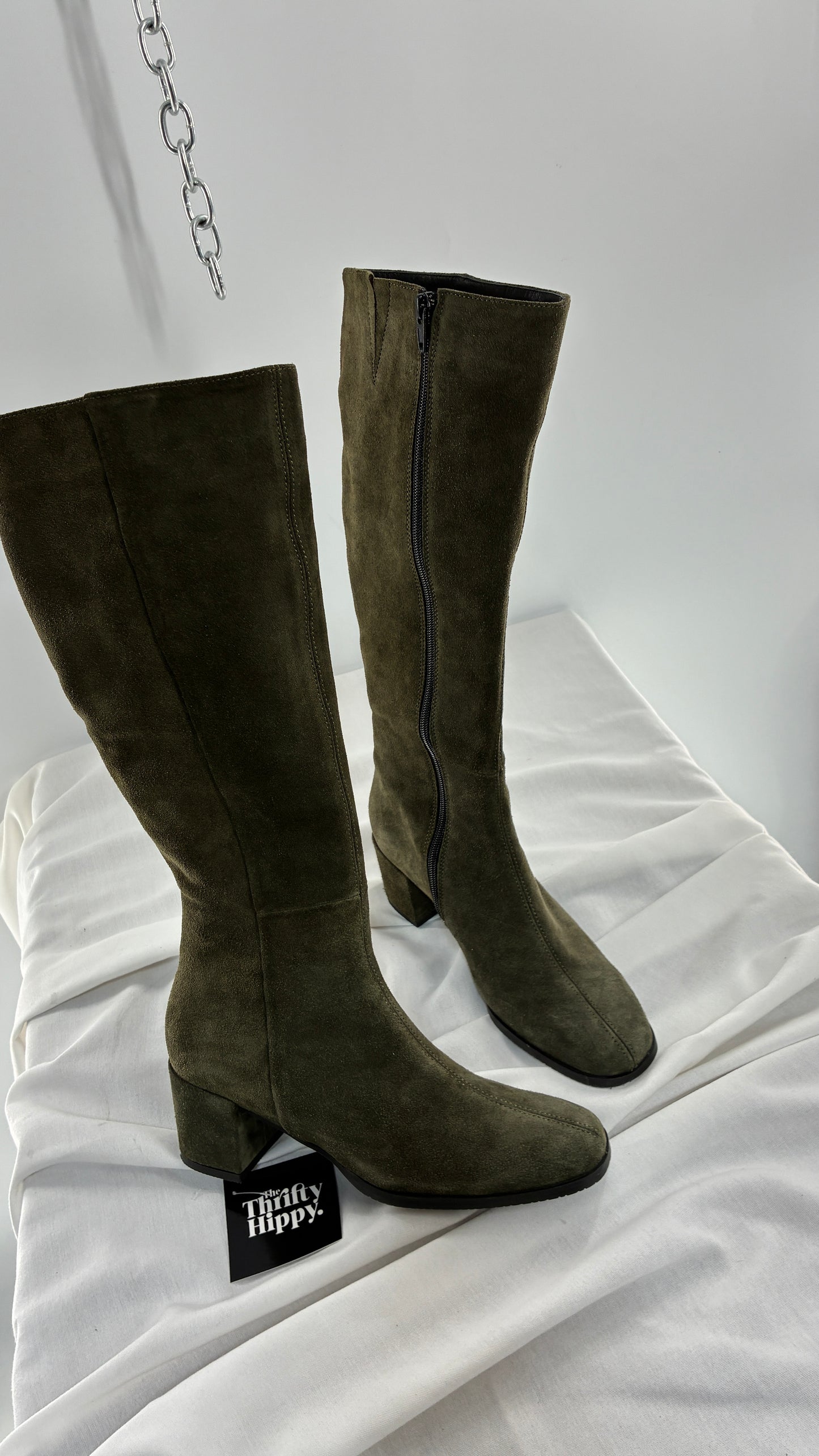 Vintage ERIC MICHAEL Olive Green Suede Boots Square Toe Knee High Boots (36)