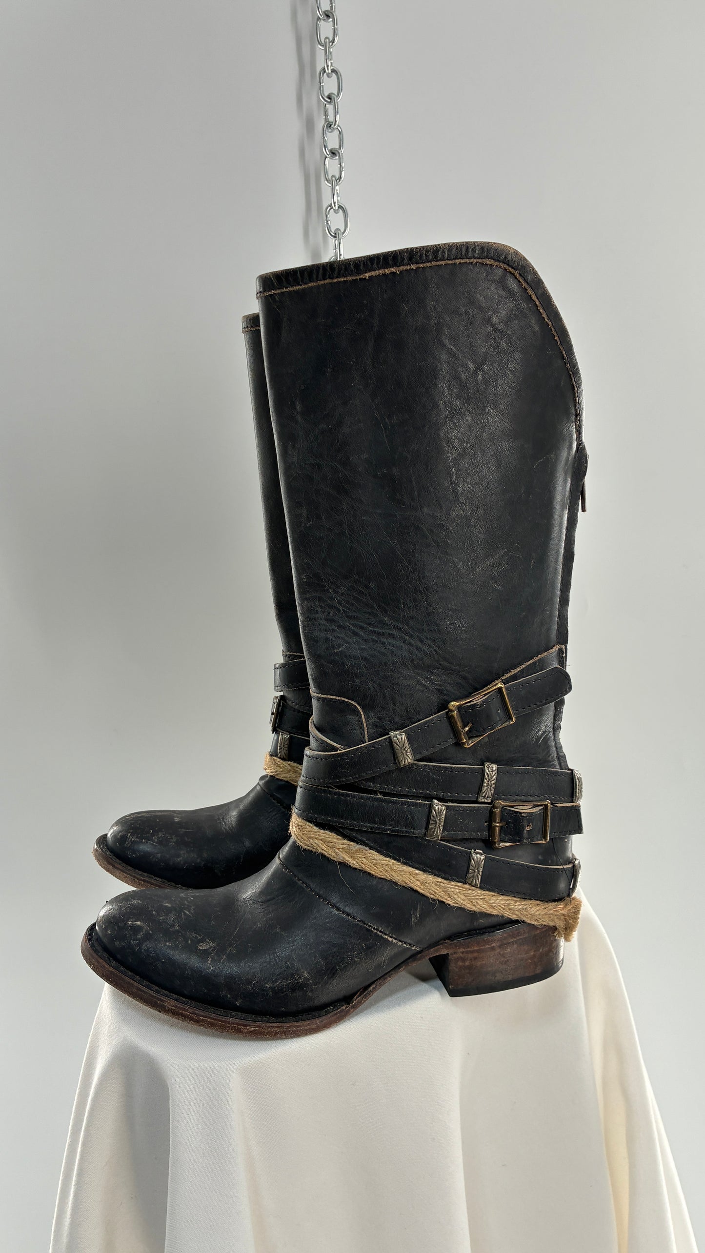 Vintage FREEBIRD Drove Distressed Black Leather Boot with Buckle Detailing (8)