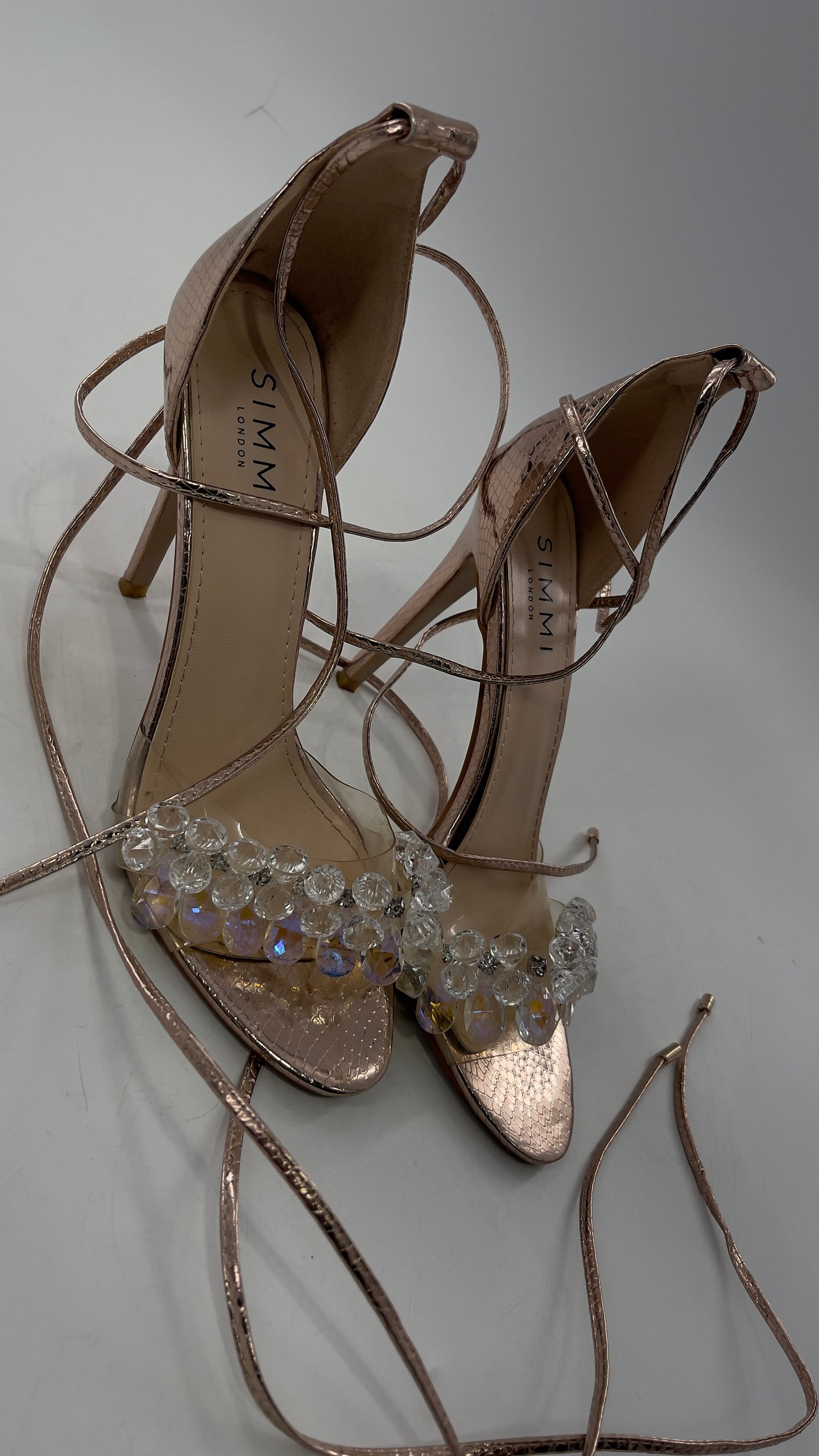 SIMMI LONDON Rose Gold Textured Heels with Clear Toe Strap Covered in Rhinestones/ Crystal Pendants and Tie Up Ankle Straps (7)