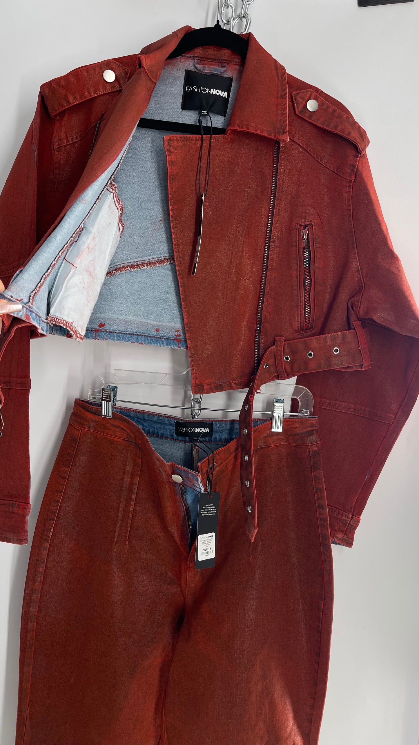Fashion Nova Red Waxed Denim Cropped Motorcycle Jacket with Flared Jean Set and Tags Attached (XL/15)