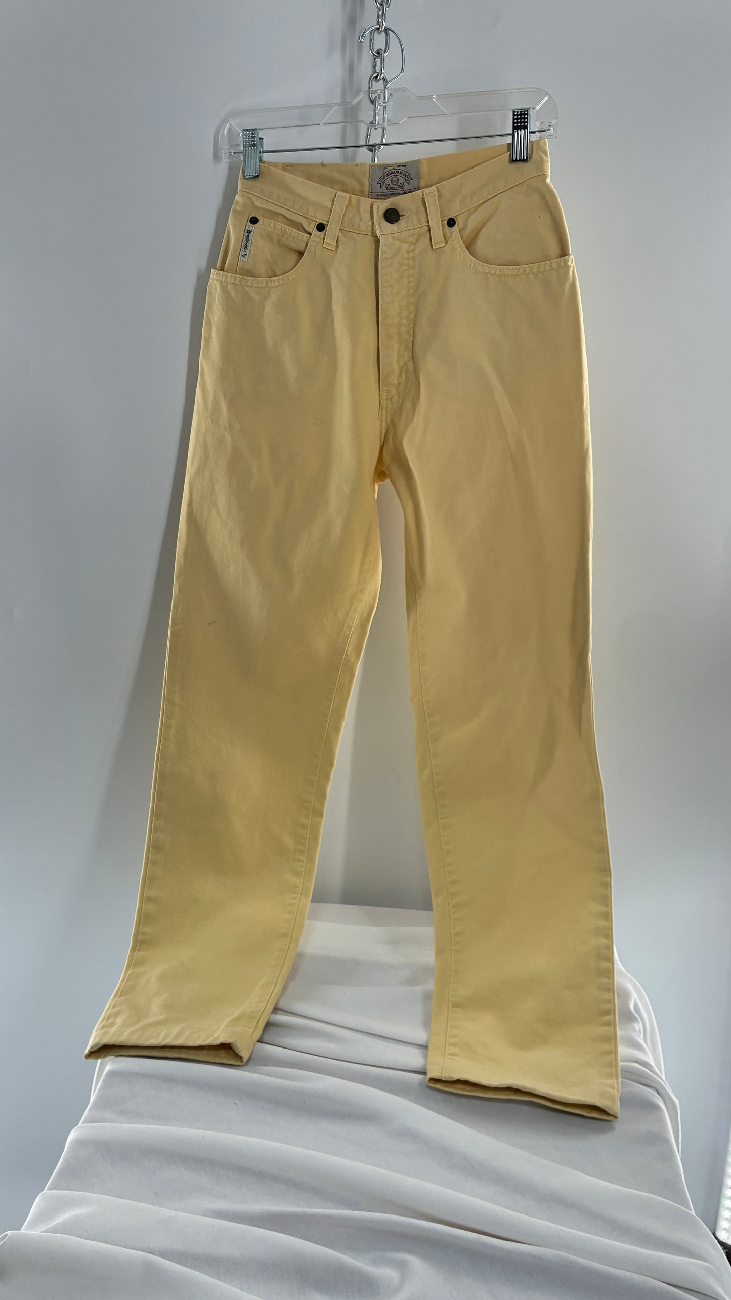 Vintage GIORGIO ARMANI Baby Yellow High Waisted Jeans with 80s Jacron Made in Italy  (29)