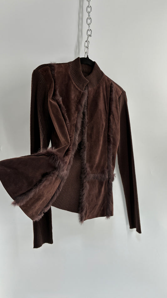 Vintage Brown Ribbed Jacket with Genuine Suede Leather Paneling and Rabbit Fur Trim (Medium)