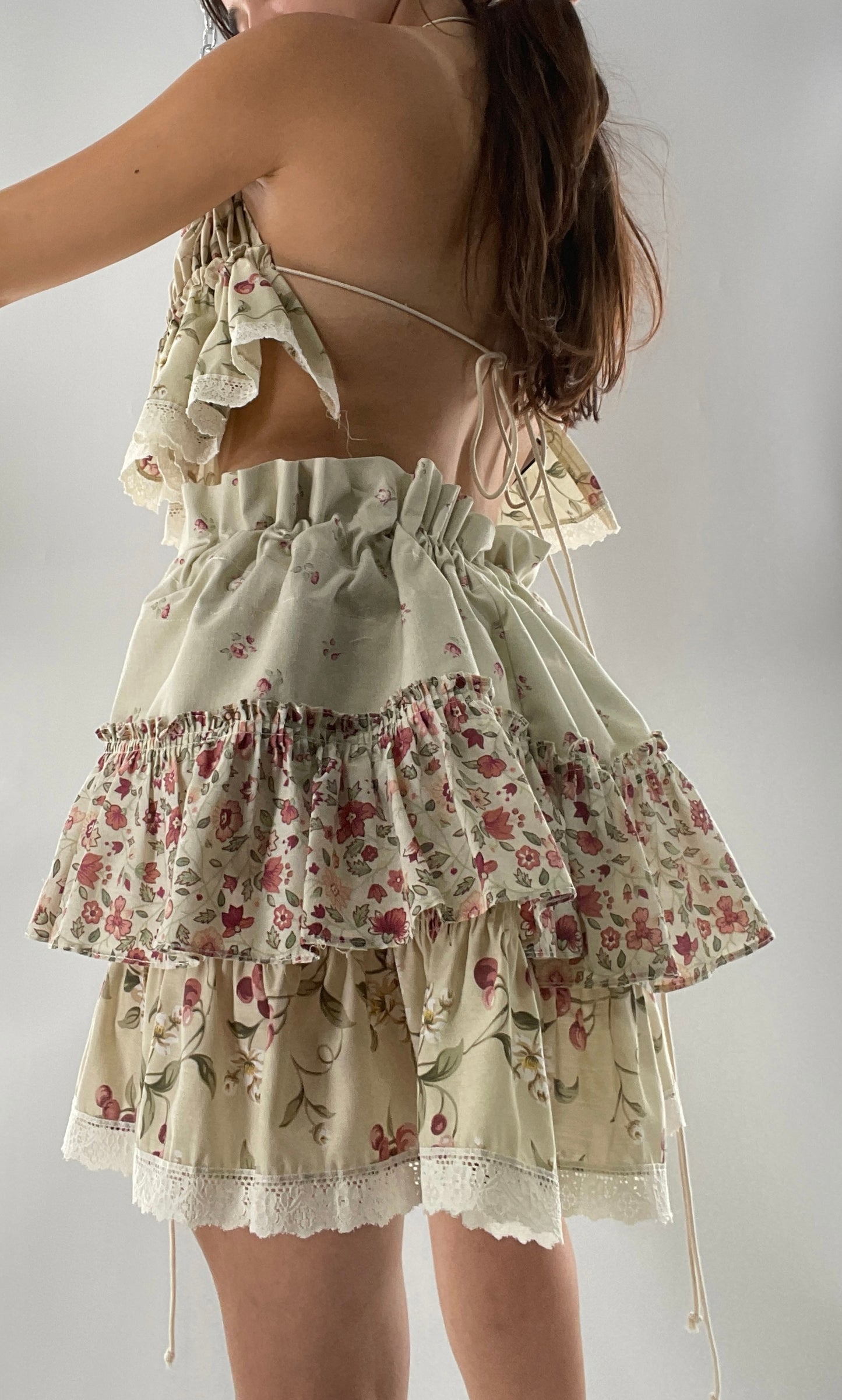 Vintage Cherry Cottage Set with Tiered Ruffled Skirt and Ruched, Backless Top (One Size)