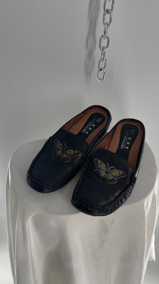 Vintage R Linaier Black Leather Slip Ons with Butterfly Embroidery (6)