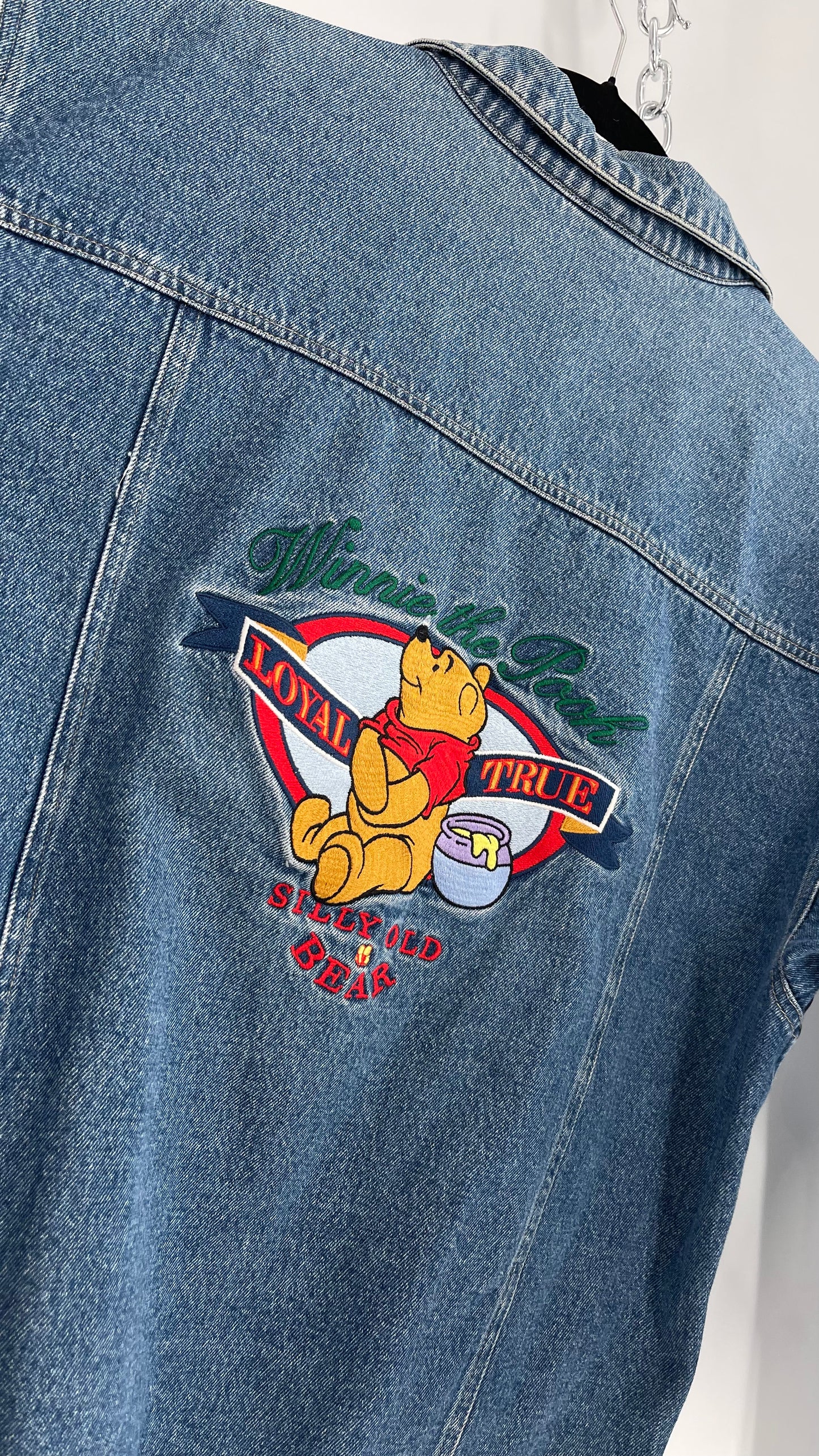 Vintage Disney Denim Jacket with Embroidered Graphic/Patches on Back and Pocket (Medium)