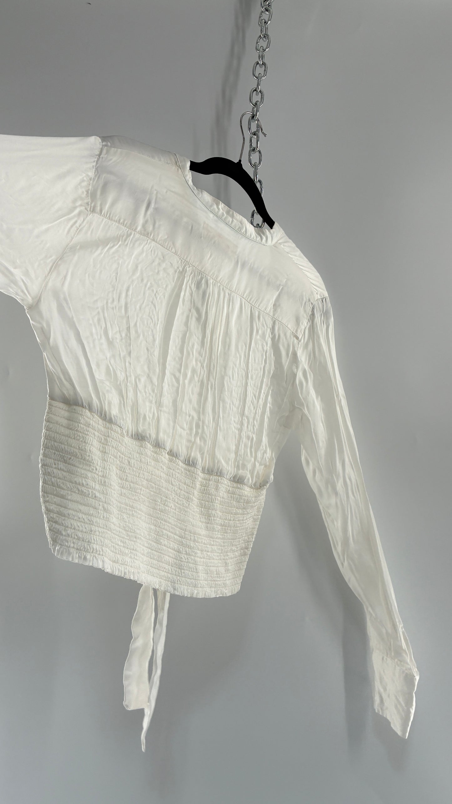 ANTHROPOLOGIE 100% Viscose White Silky Ruche Waist Blouse (Large)