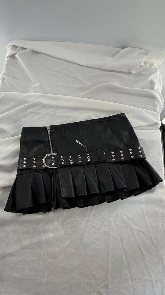FASHION NOVA Vegan Leather Black Pleated Mini Skirt with Studded Belt and Tags Attached (Medium)