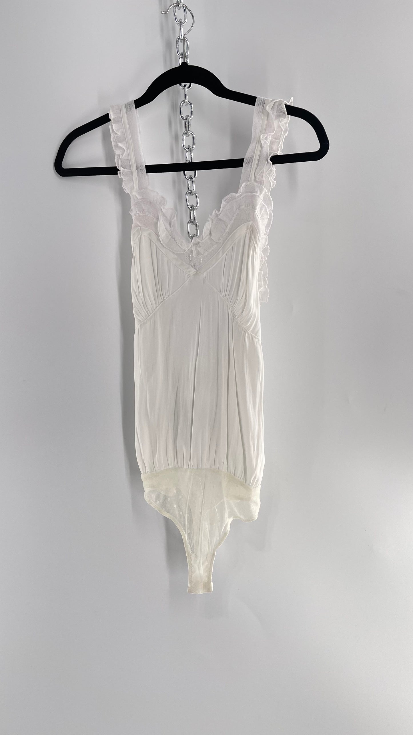 Free People White Silky Soft Bodysuit with Ruffled Bust-line and Straps (M)