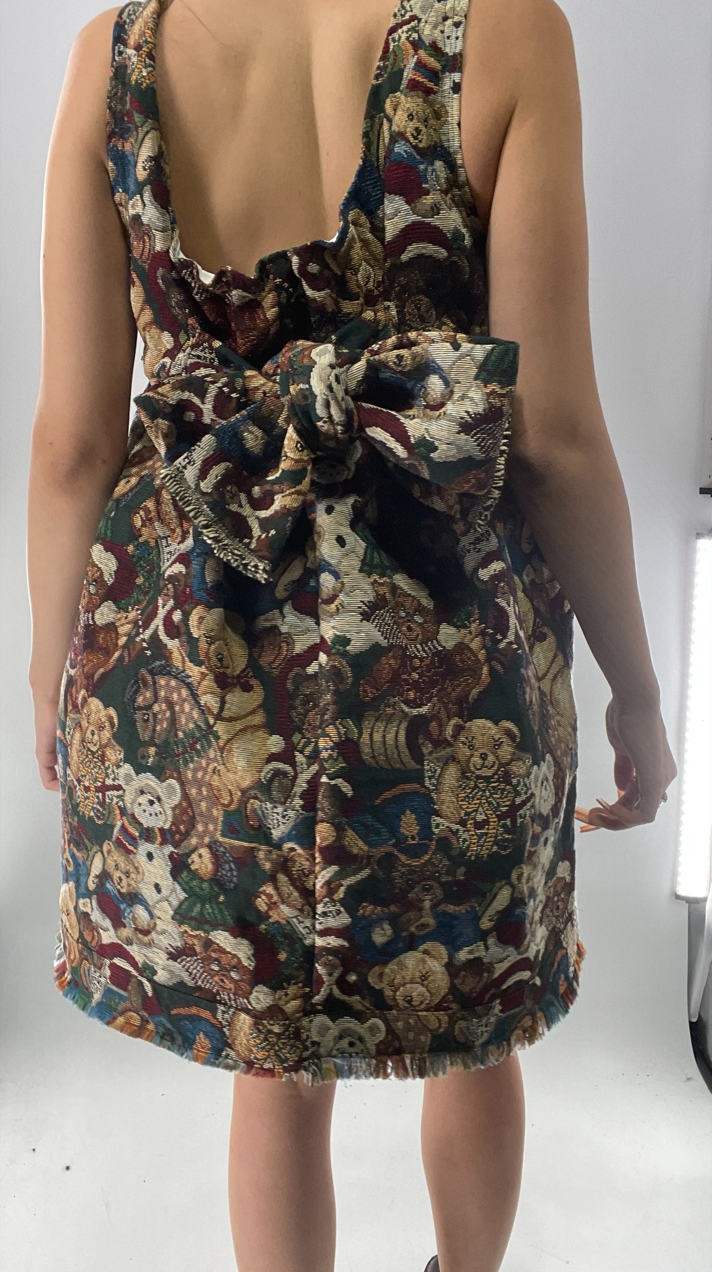 Christmas Custom Teddy Bear Tapestry Babydoll Dress with Bow Back Detail and Adjustable Neckline/Underbust (XS-L)