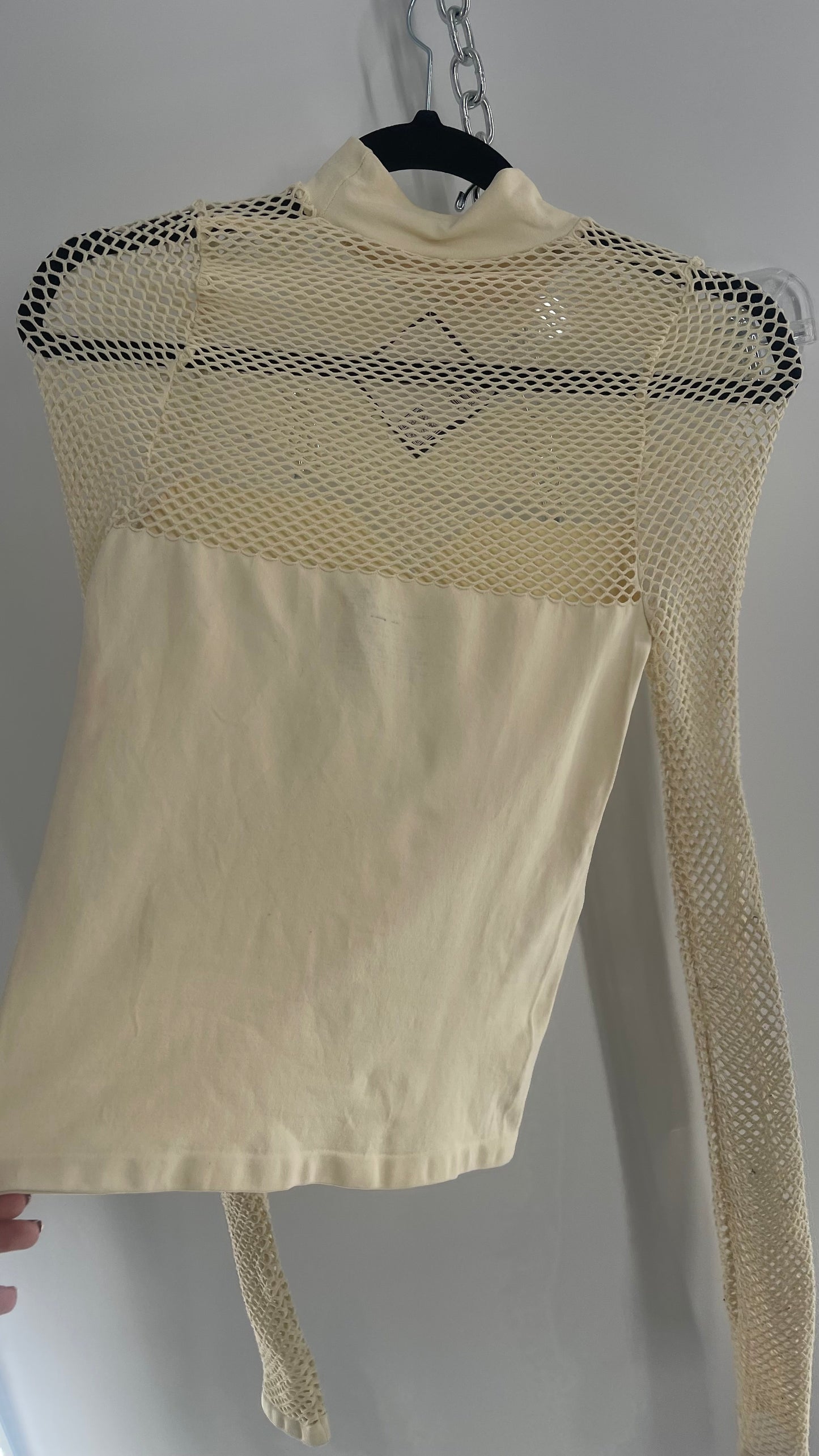 Intimately Free People Worn Off White/Cream Fishnet Sleeve and Bust Stretchy Turtle Neck (XS/S)