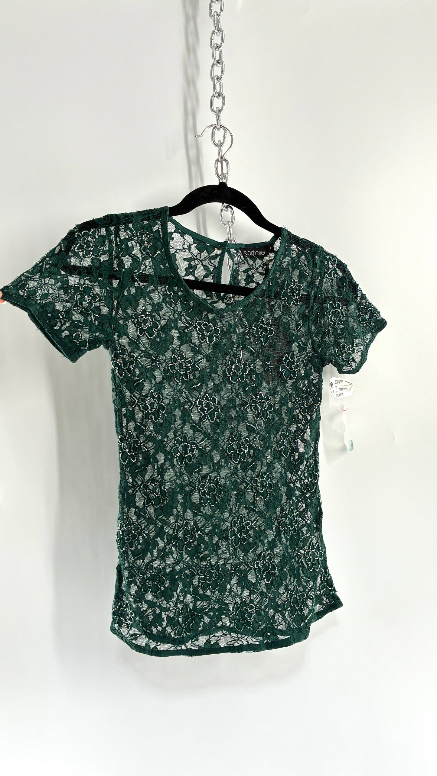 Imported Deadstock Vintage Green Beaded Floral Lace Fitted T (XS/S)