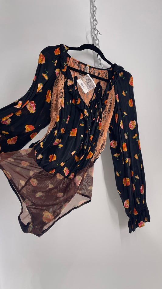 Free People Black and Peach Orange Floral Bodysuit with Balloon Sleeves (Small)