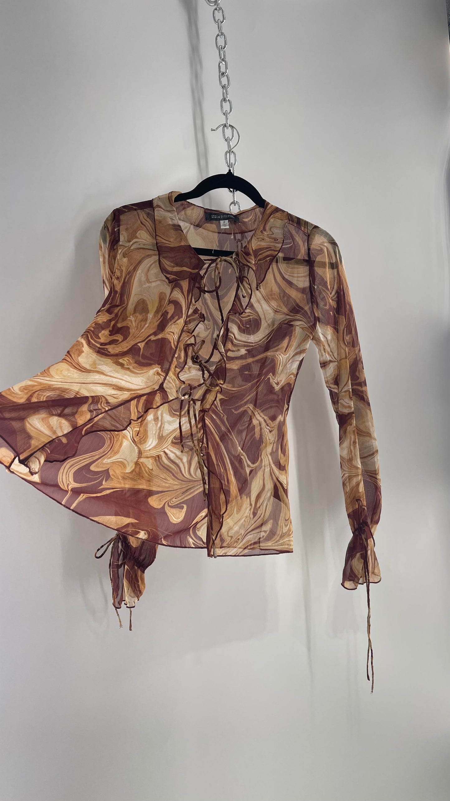 Urban Outfitters Marbled Brown Sheer Tie Front Balloon Sleeve Blouse (Small)