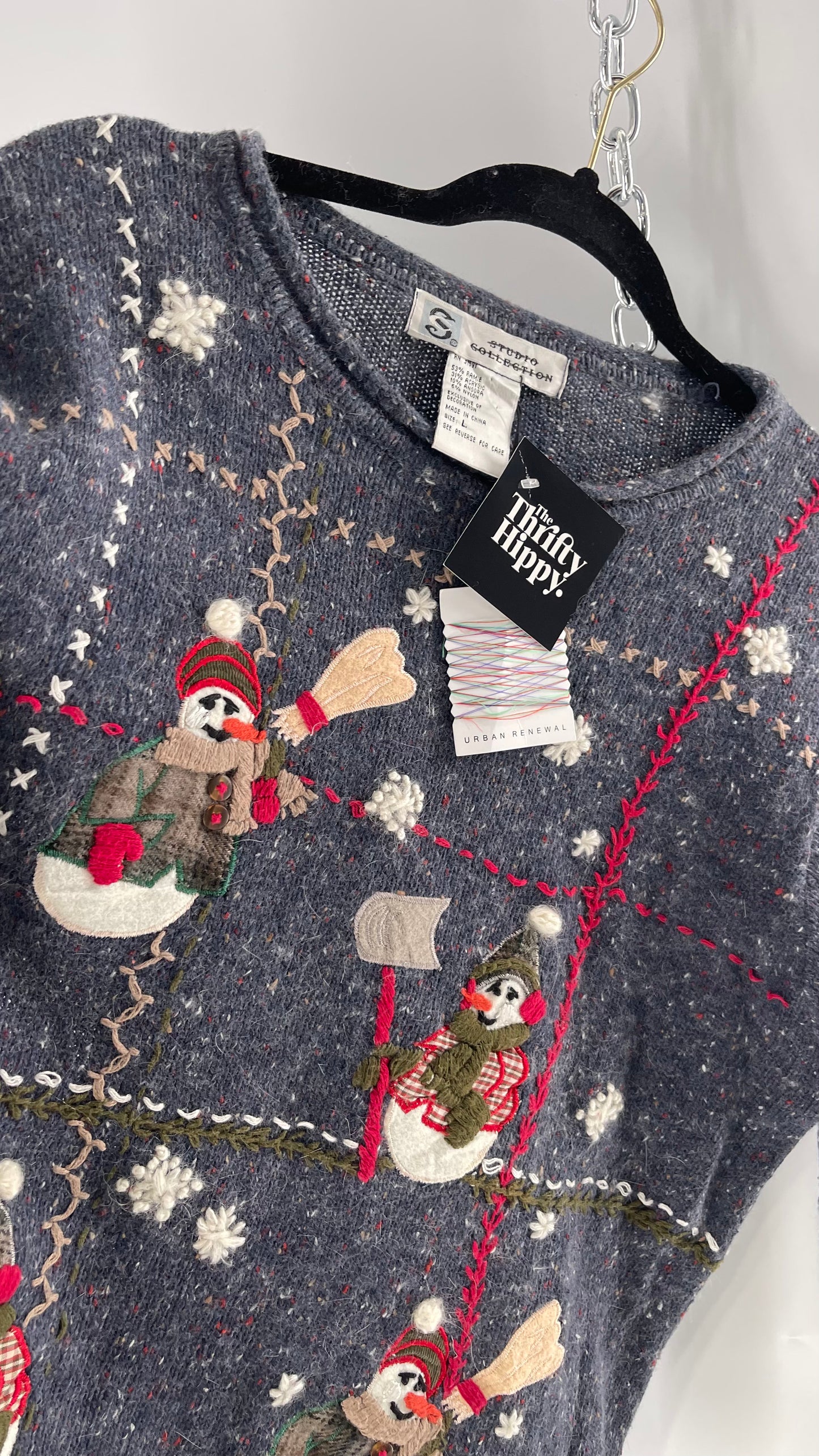 Vintage Urban Outfitters Christmas/Holiday Sweater with Festive Snowmen Snowflakes, and Contrast Stitch Detail  (S)