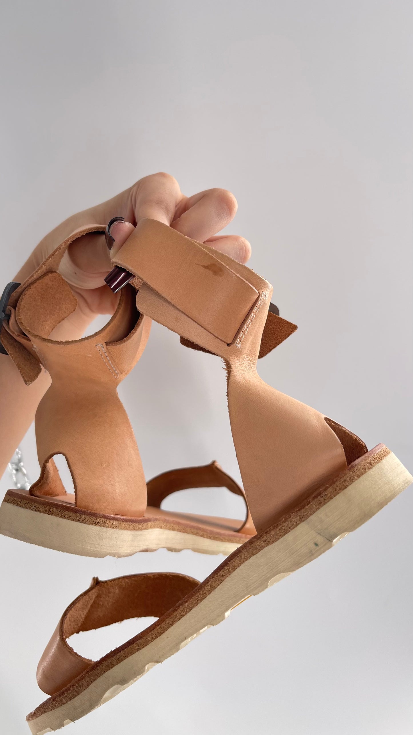 Free People Reef Light Nude / Tan Leather Sandals with Thick Ankle Strapped Buckle (6)