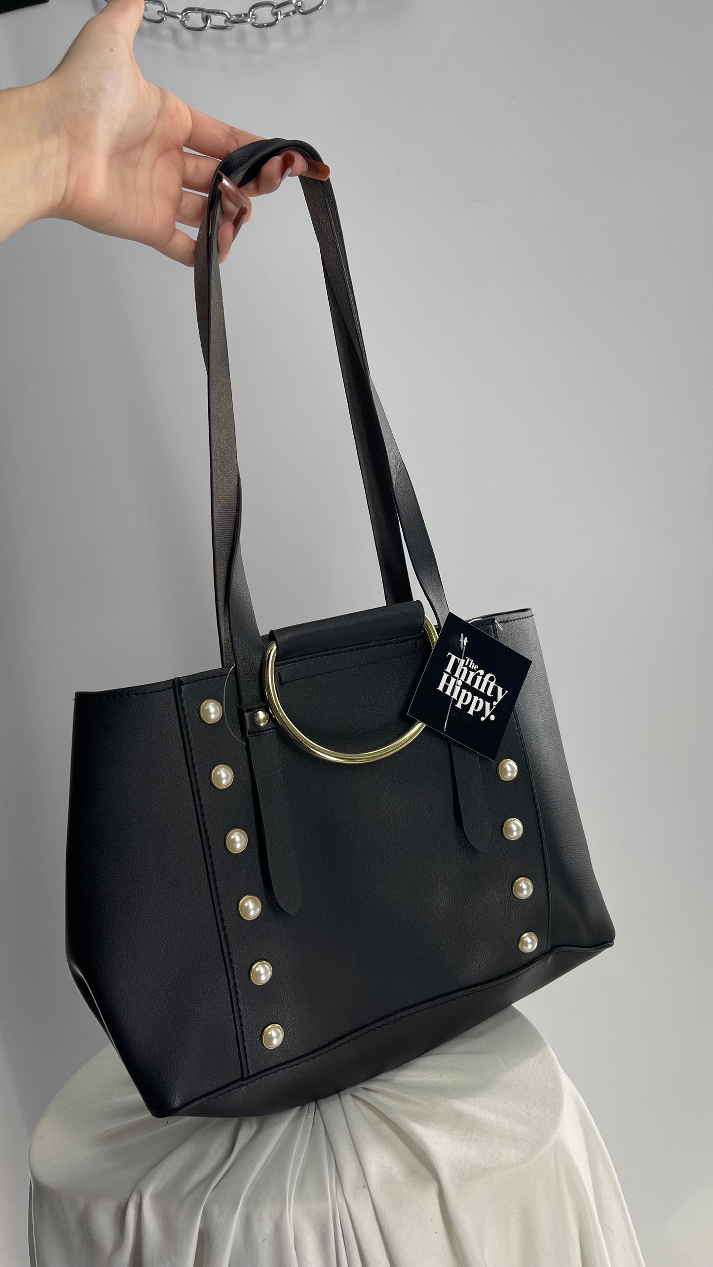 Free People Black Vegan Leather Bag with Pearl and Gold Hardware Details