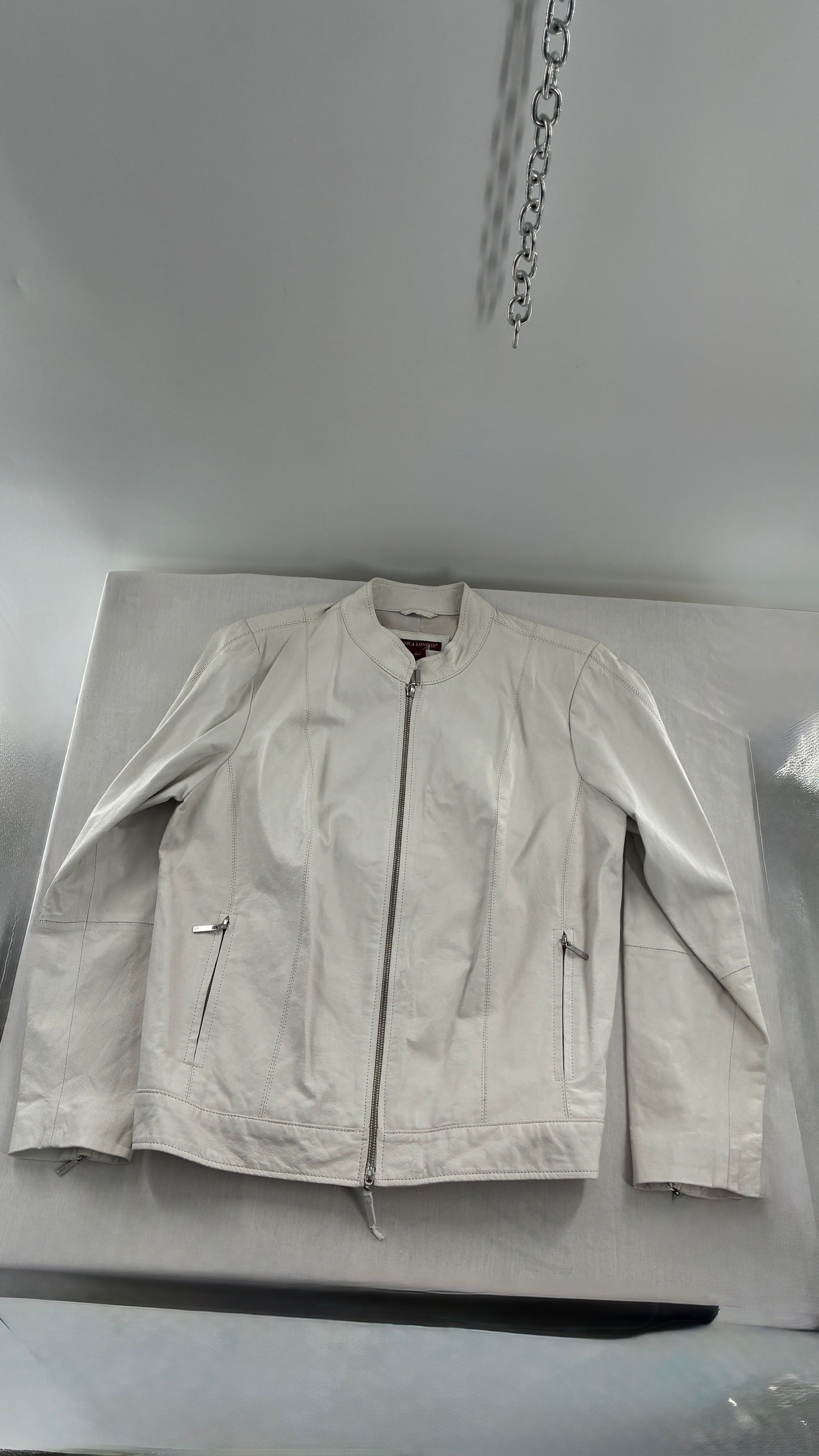Deadstock Vintage JESSICA LONDON White Genuine Leather Paneled Motorcycle Jacket (16)