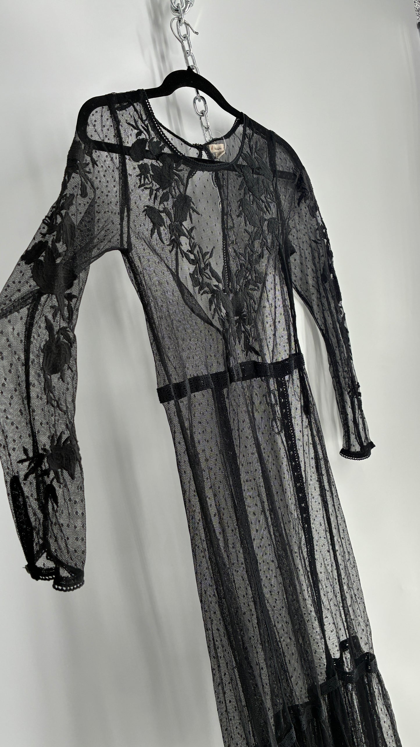 ECOTE Sheer Mesh Full Length Dress with Lace Appliqué Sleeves and Bust (Medium)