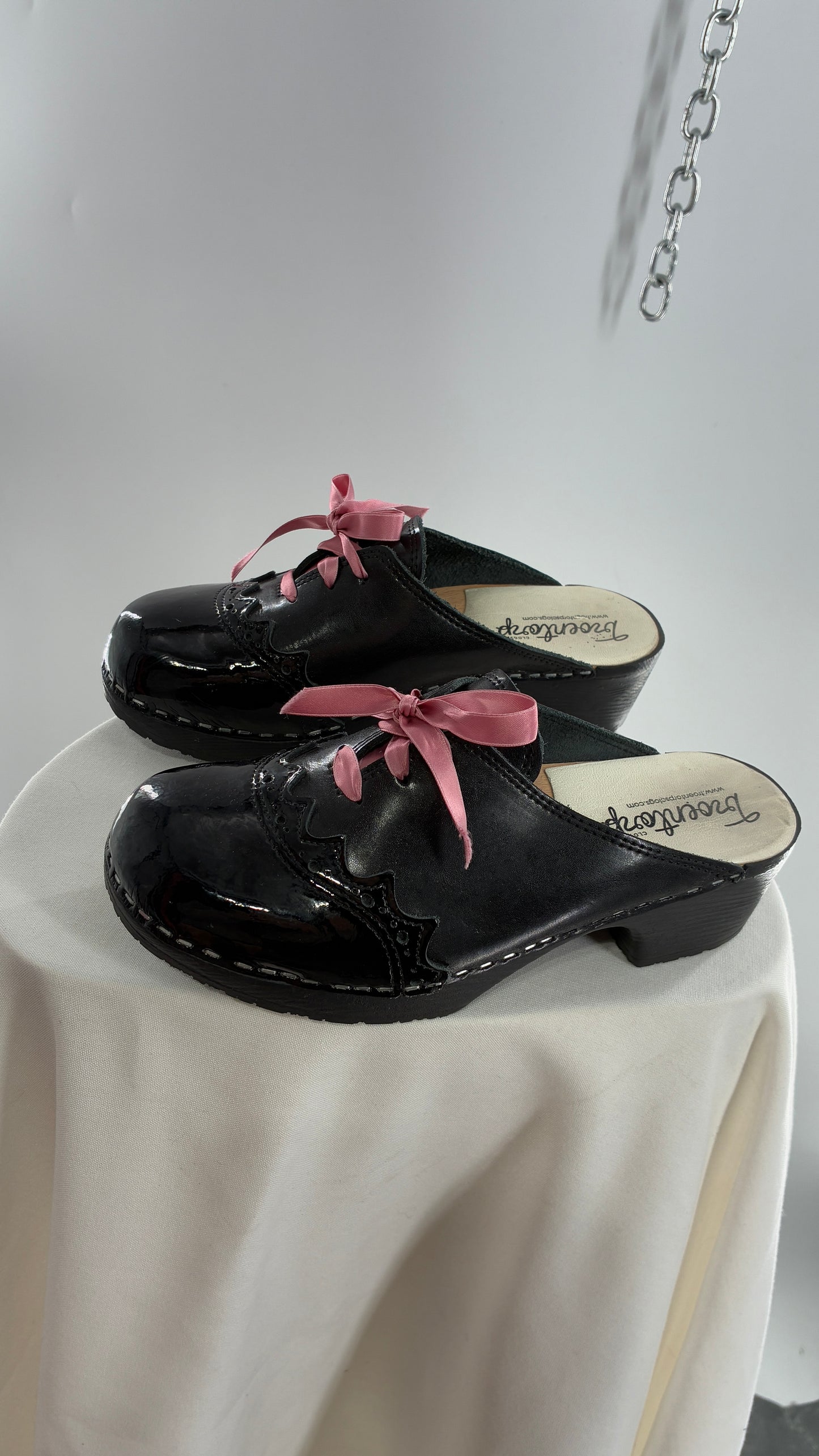 Vintage 1970s TROENTORPS Black Patent Leather Clogs with Ribbon Tie Detail (38)