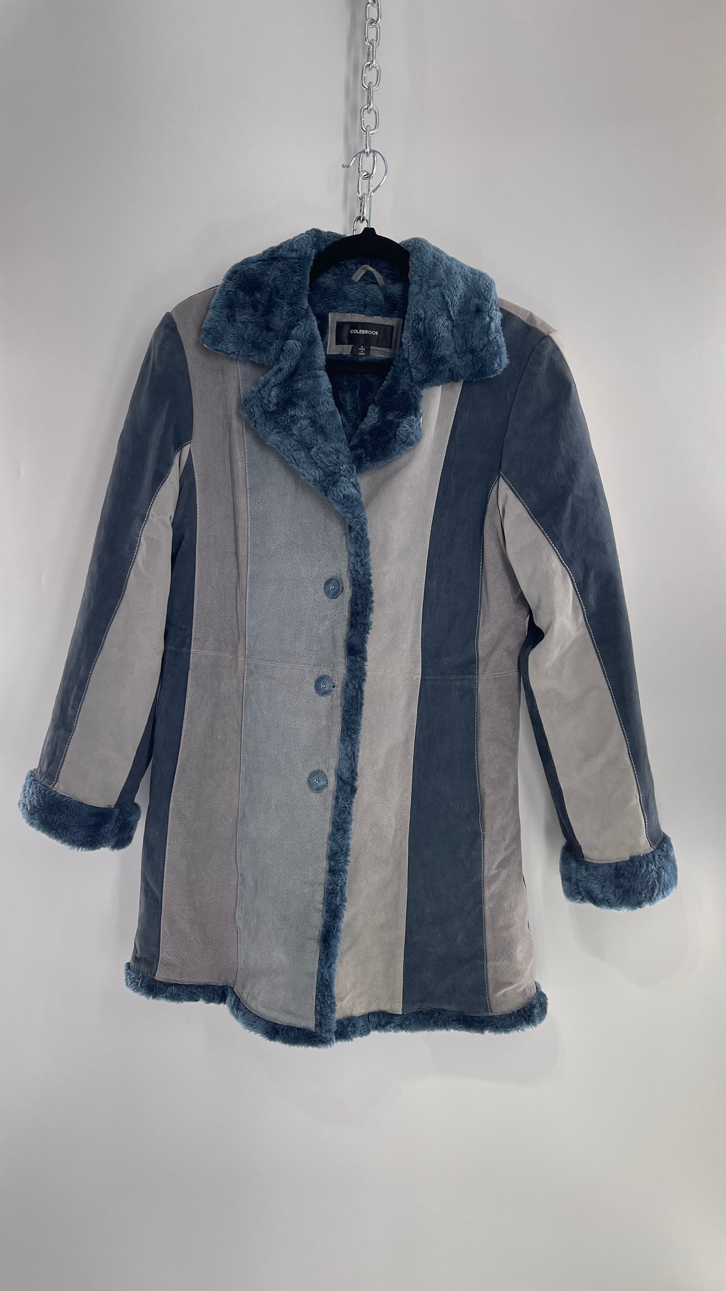 VINTAGE Colbrook Blue Denim Suede Leather Patchwork Coat with Fur Cuffs and Collar (Medium)