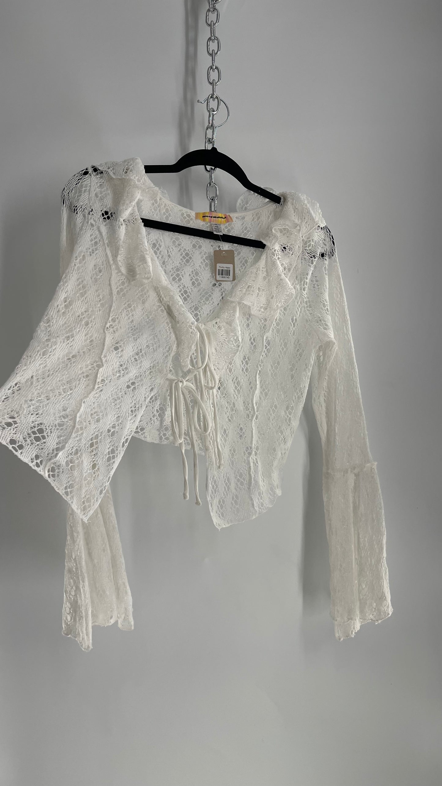 Urban Outfitters White Lace Bell Sleeve, Ruffled Neckline, Tie Bust Blouse (XL)