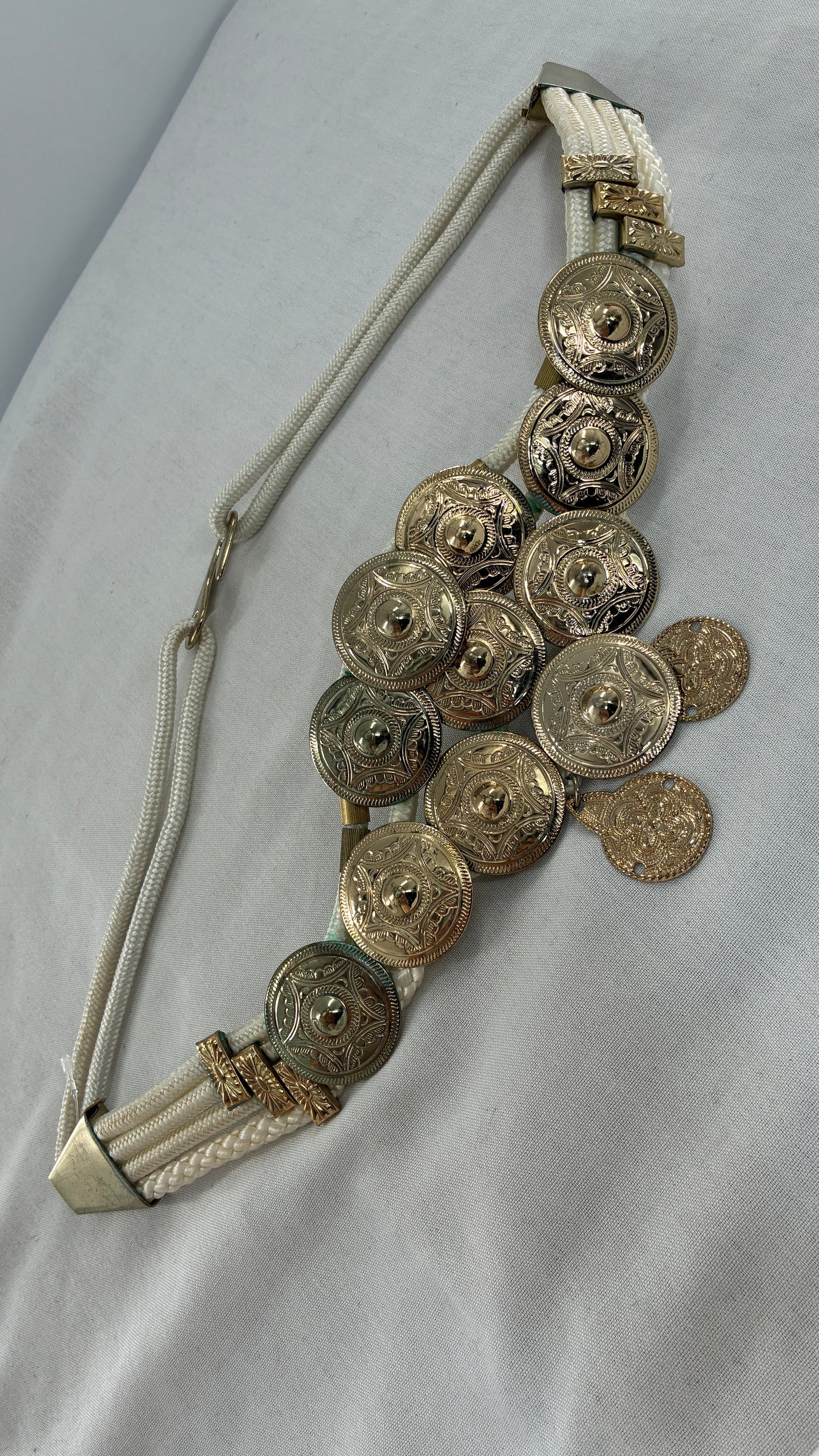 Vintage 1980s White Rope Belt with Gold Engraved Coins Made in Korea