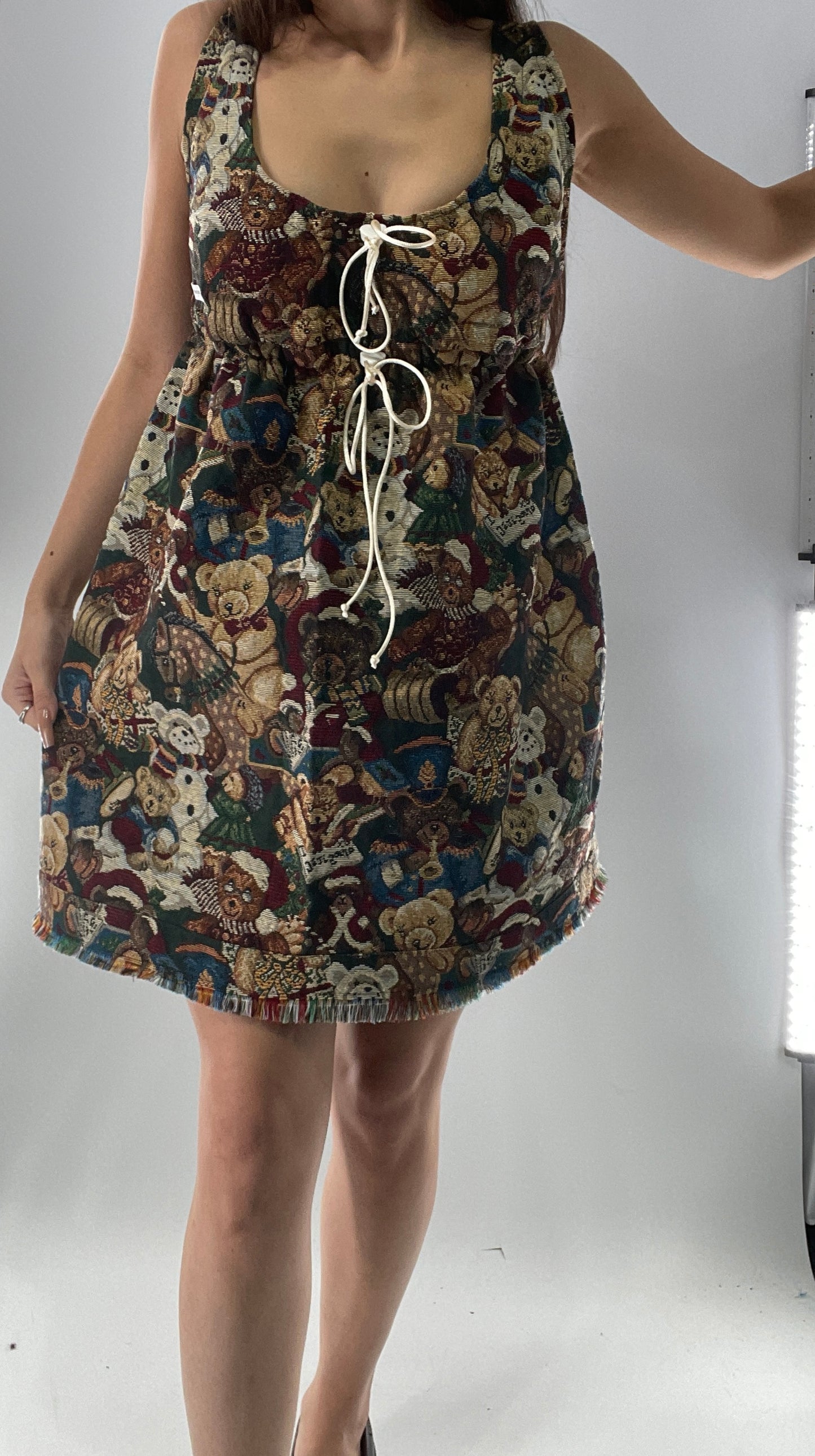 Christmas Custom Teddy Bear Tapestry Babydoll Dress with Bow Back Detail and Adjustable Neckline/Underbust (XS-L)