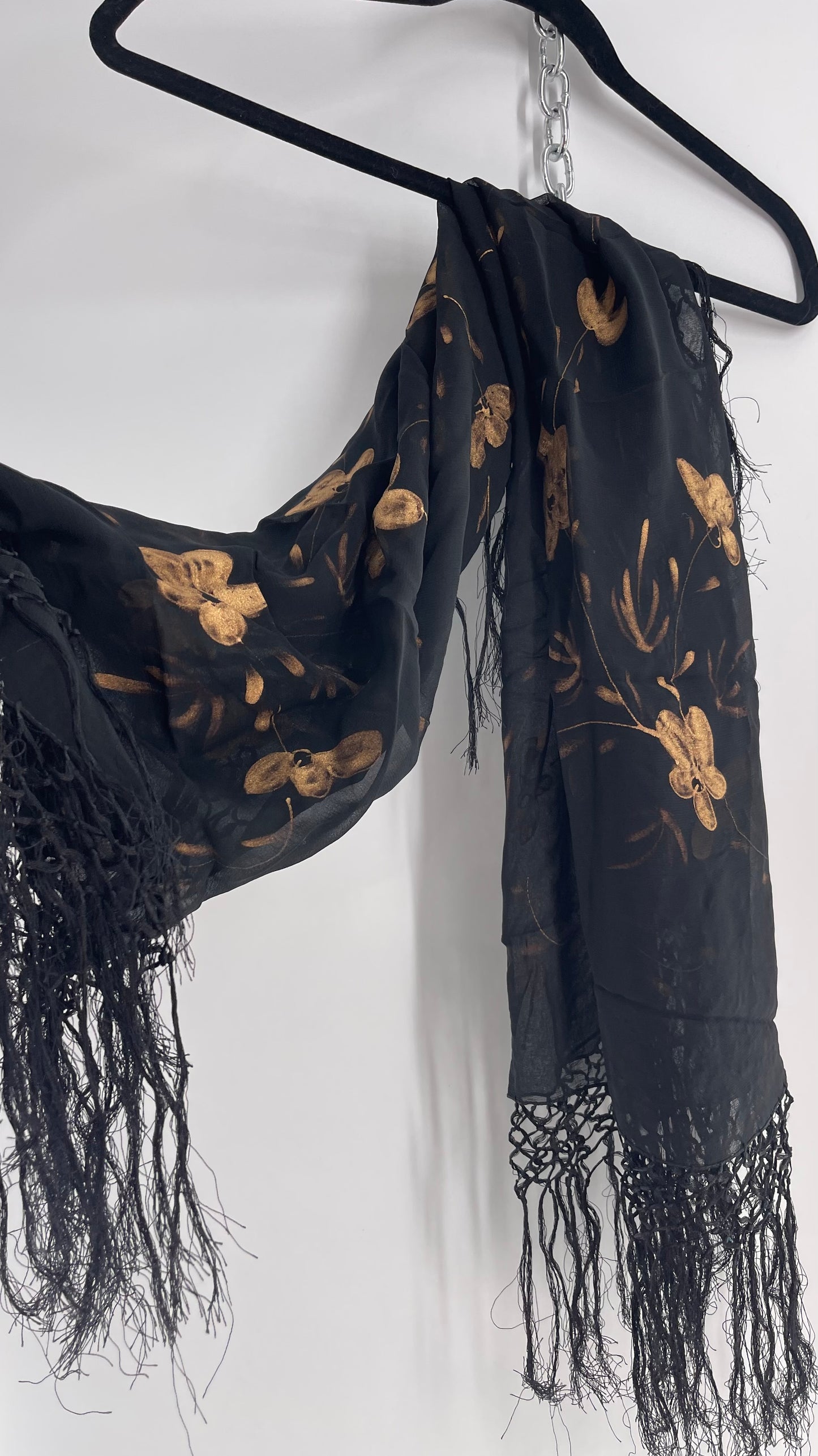 Vintage Black Fringe Scarf with Gold Painted Florals