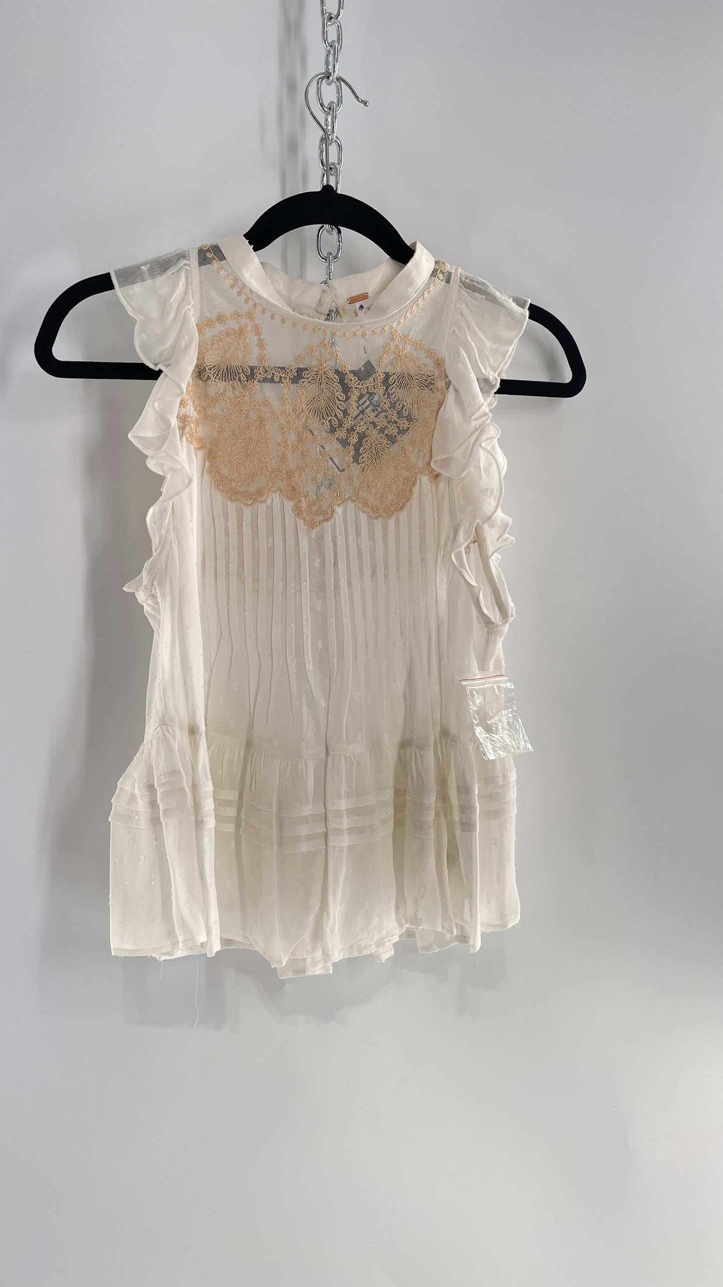 Free People Delicate,Romantic Feminine Sleeveless Blouse with Pleating, Embroidery and Keyhole Back (XS)