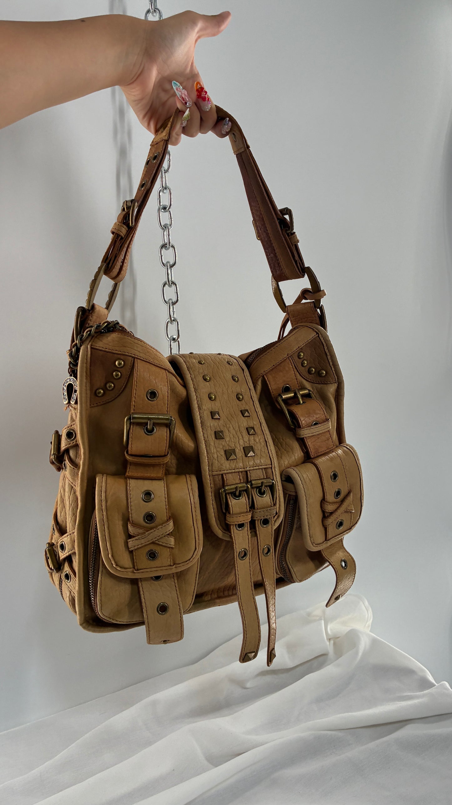 Rare Vintage BETSEY JOHNSON Heavy Leather, Oversized Shoulder Bag with Leopard Lining