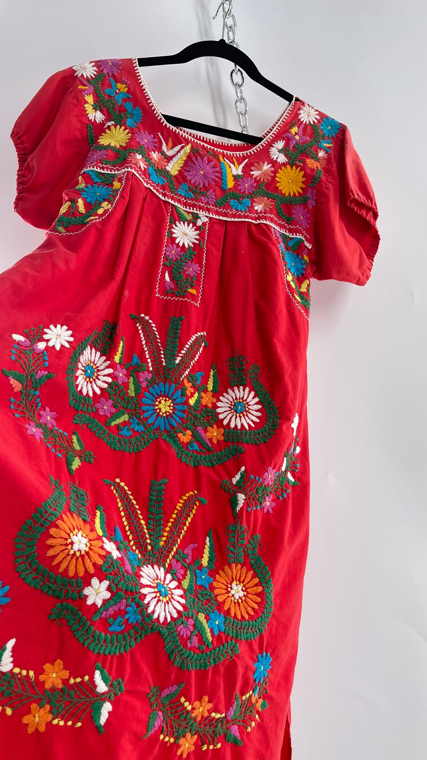 Vintage 1970s Red Cotton Dress with Hand Embroidered Florals Imported from Mexico (Small)