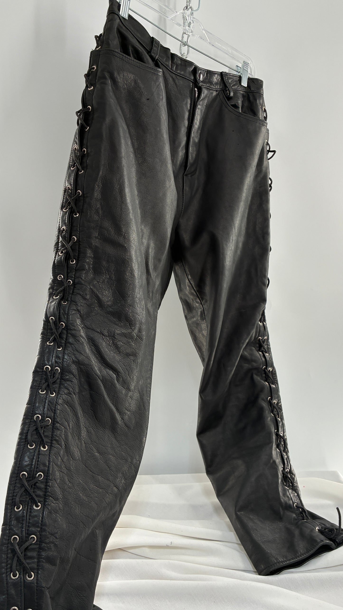 Vintage Thick Ultra Soft Black Leather Pants with Tie Up Sides (Medium)