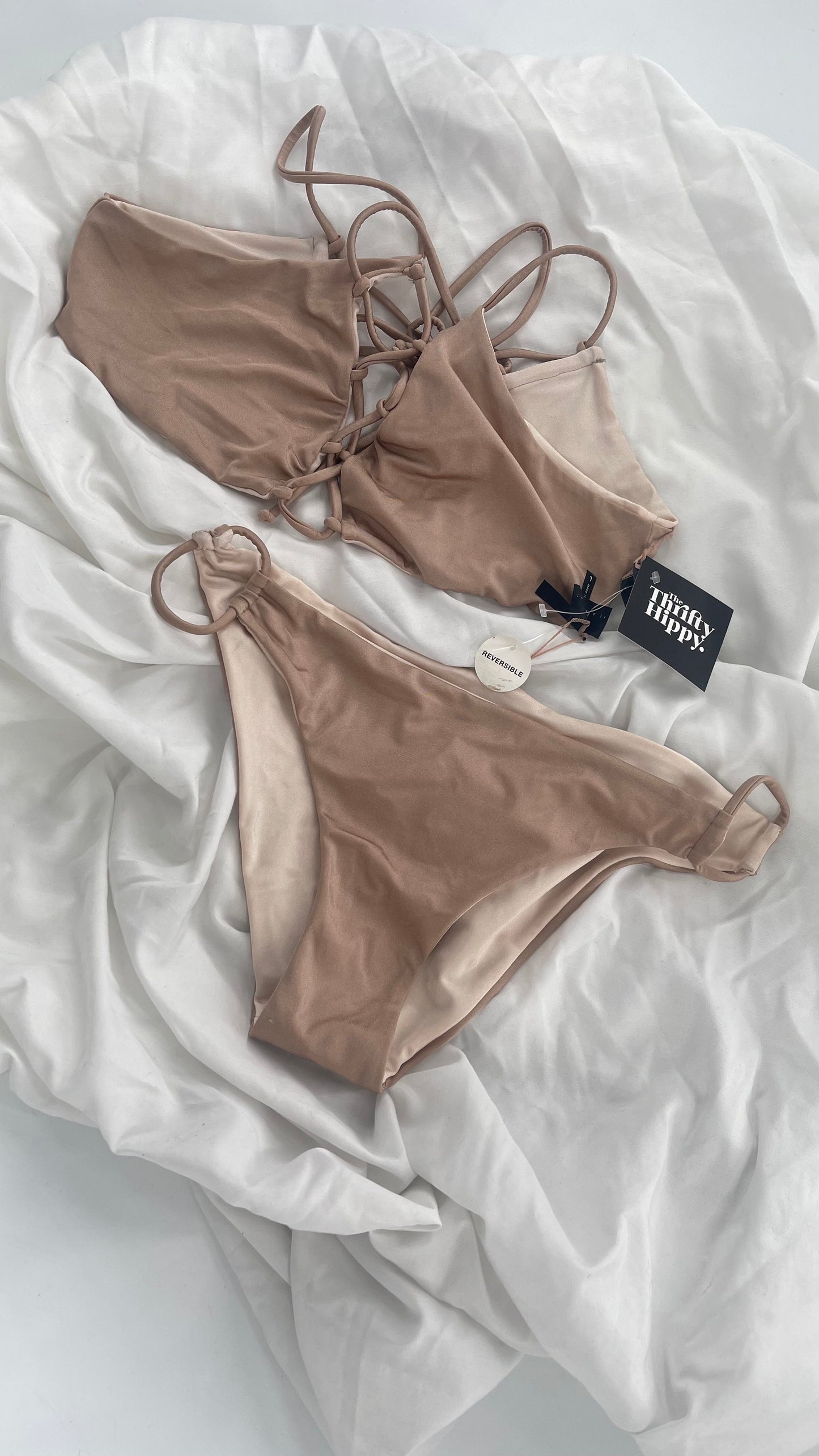 PACSUN LA Hearts Reversible Tan/Beige Swim Set with Tag (Large)