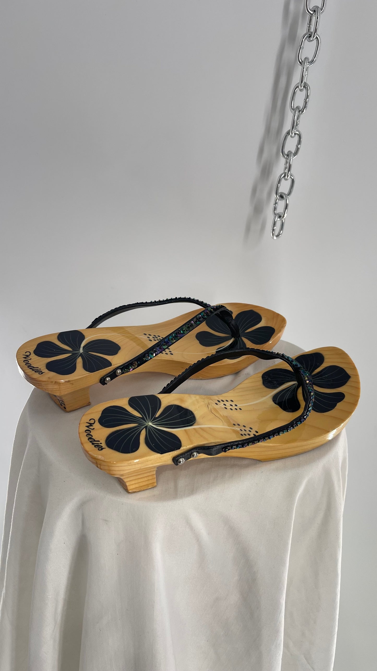 Vintage Woodies Wooden Sandal with Hand Painted Flowers and Leather/Sequin Strap (10)