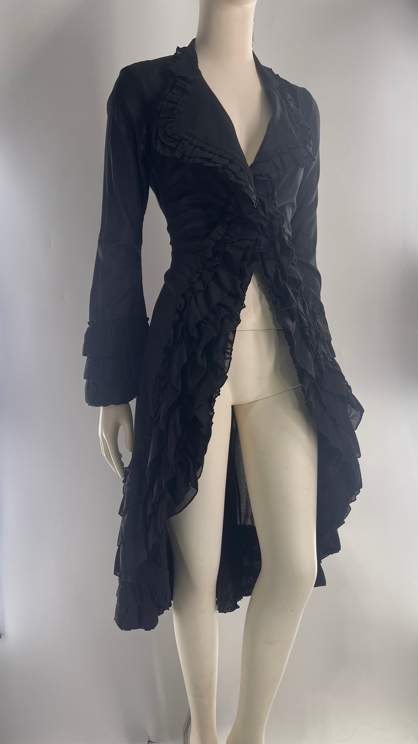 Vintage Cordelia Cotton Black Ruffled Duster Coat with Ruffled Lapel and Cuffs (XS)