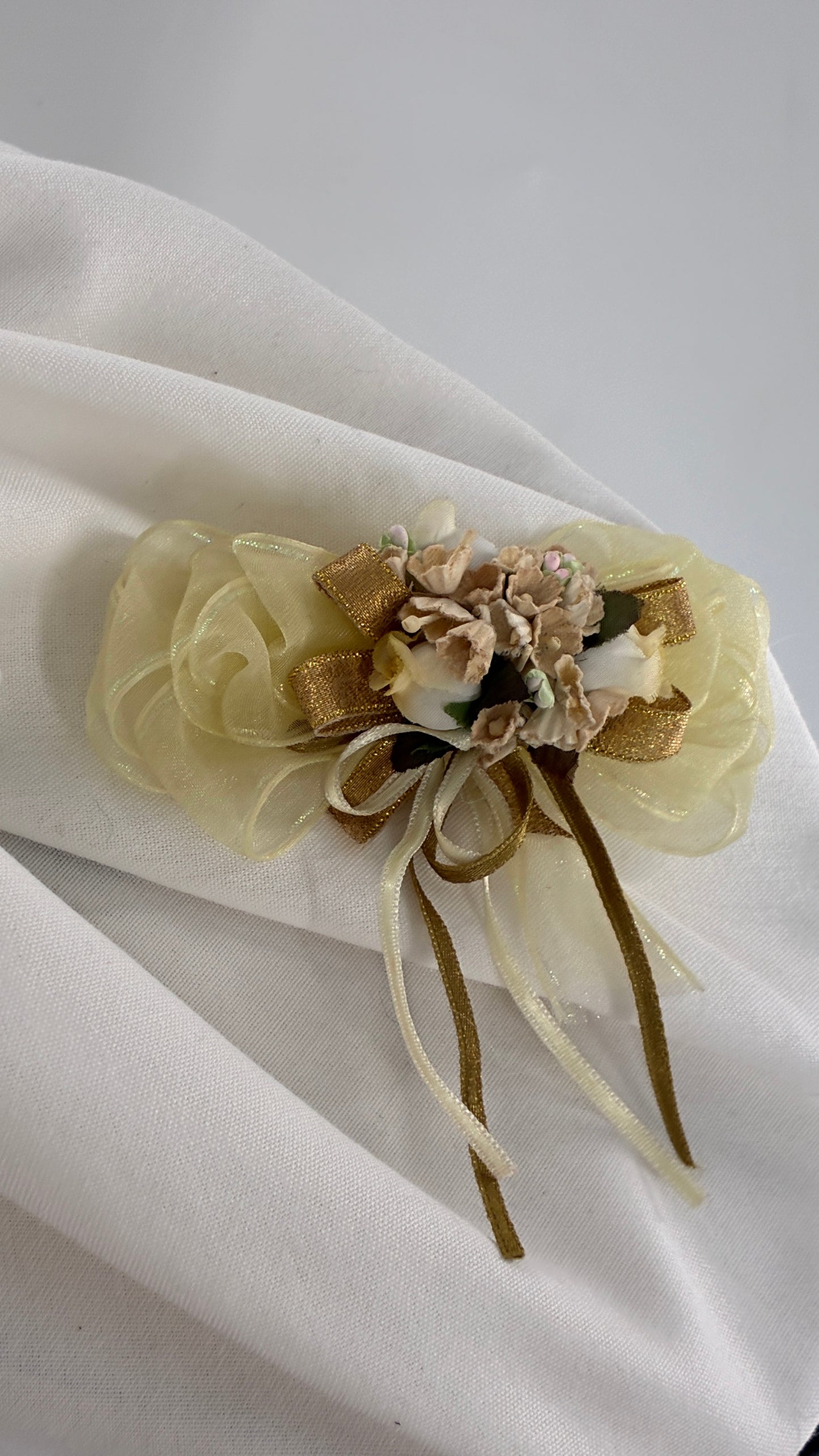 Vintage Baby Yellow Bow Pin Brooch with Ribbon, Handmade fabric flowers and Bows