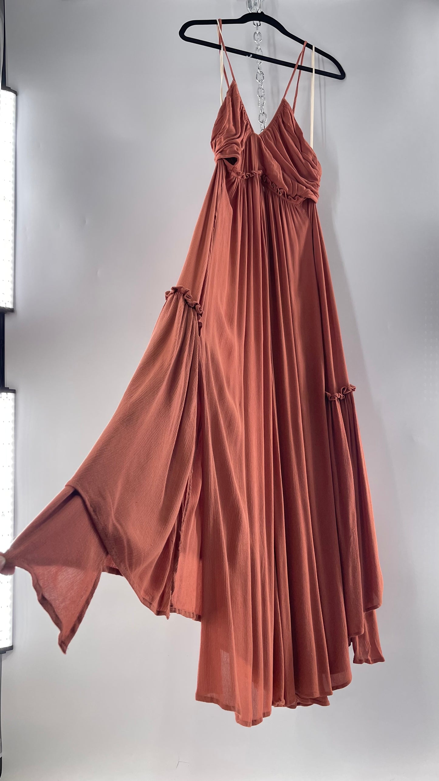 Free People Terracotta/Apricot Toned Voluminous Gown with Open Cut Out Sides and Low, Open Back (Large)