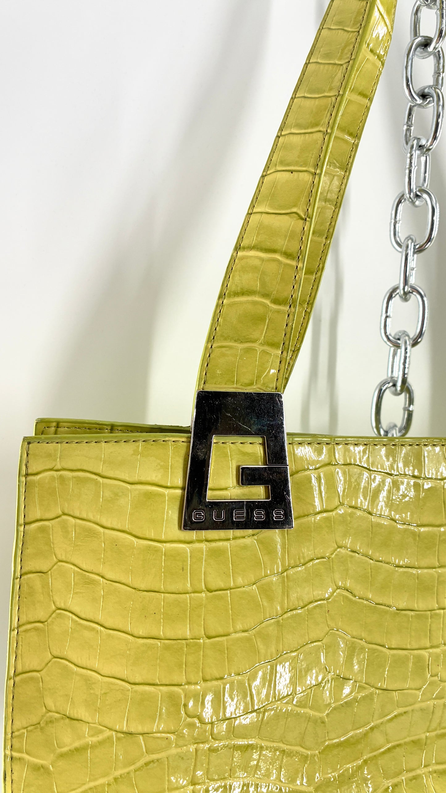 Vintage 1990s GUESS Lime Green Shoulder Purse with Metal Logo Buckle