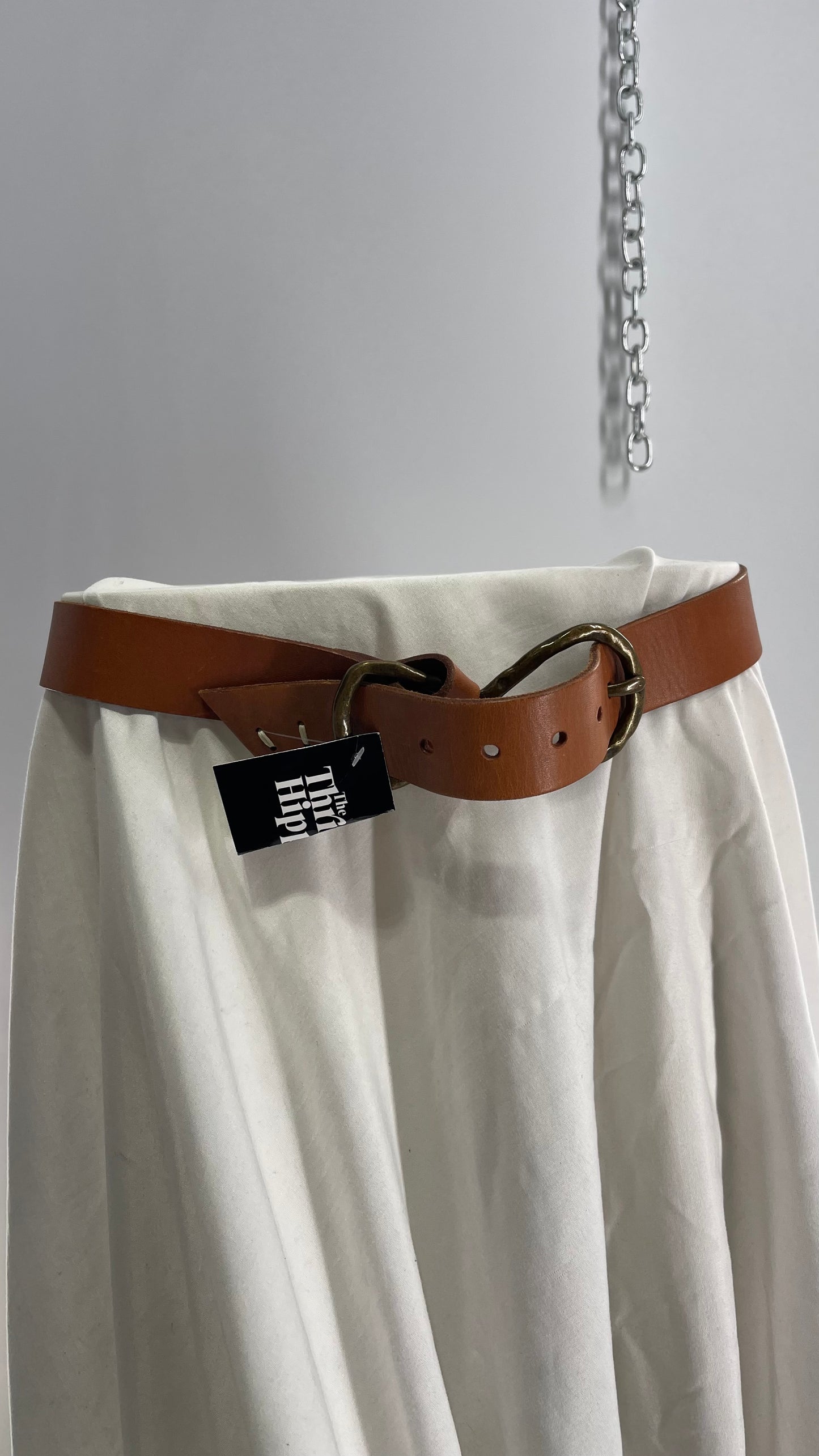 Anthropologie Cognac Leather Belt with Infinity Style Bronze Buckle (M/L)
